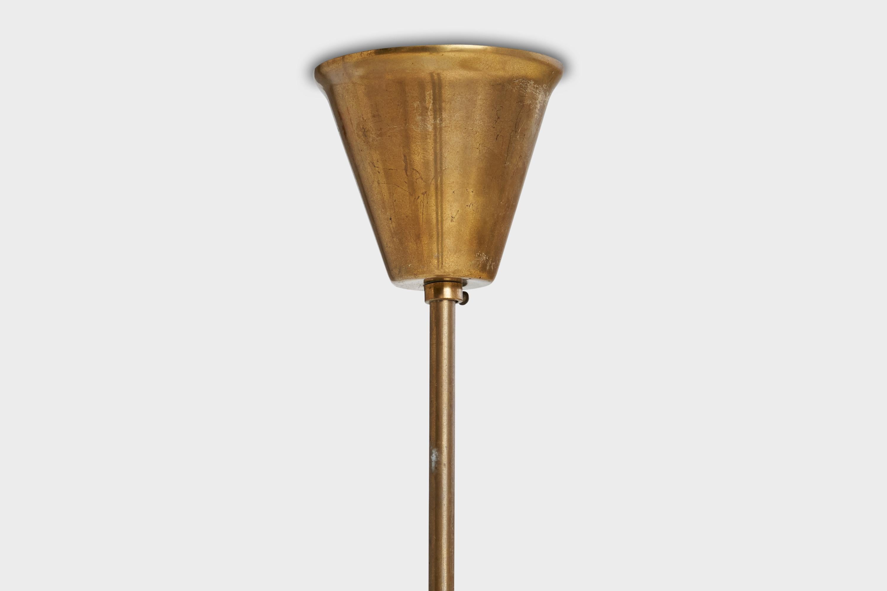 Swedish Designer, Chandelier, Brass, Wood, Glass, Sweden, 1940s For Sale 7