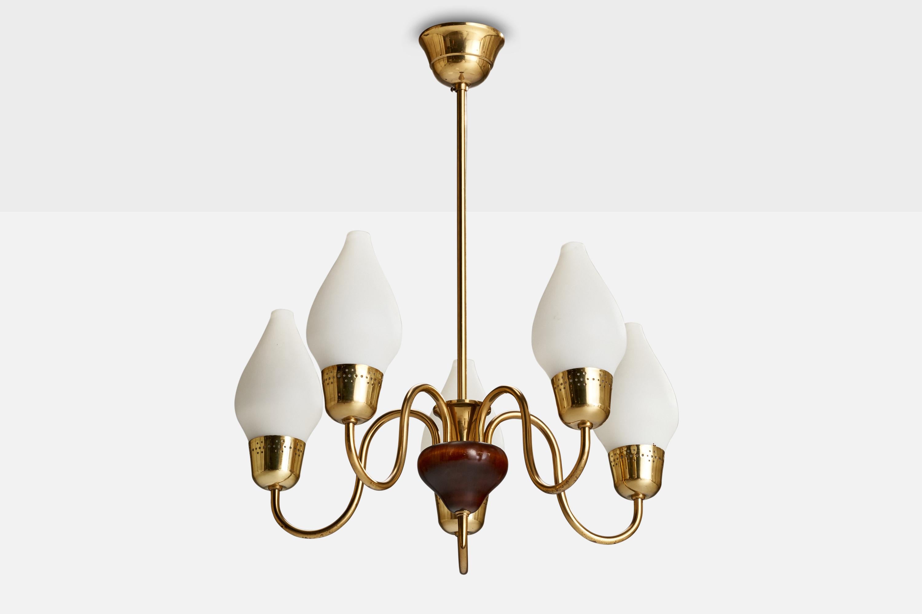 A brass, stained wood and opaline glass chandelier designed and produced in Sweden, c. 1940s.

Dimensions of canopy (inches): 2.16” H x 3.70” Diameter
Socket takes standard E-14 bulbs. 5 socket.There is no maximum wattage stated on the fixture. All