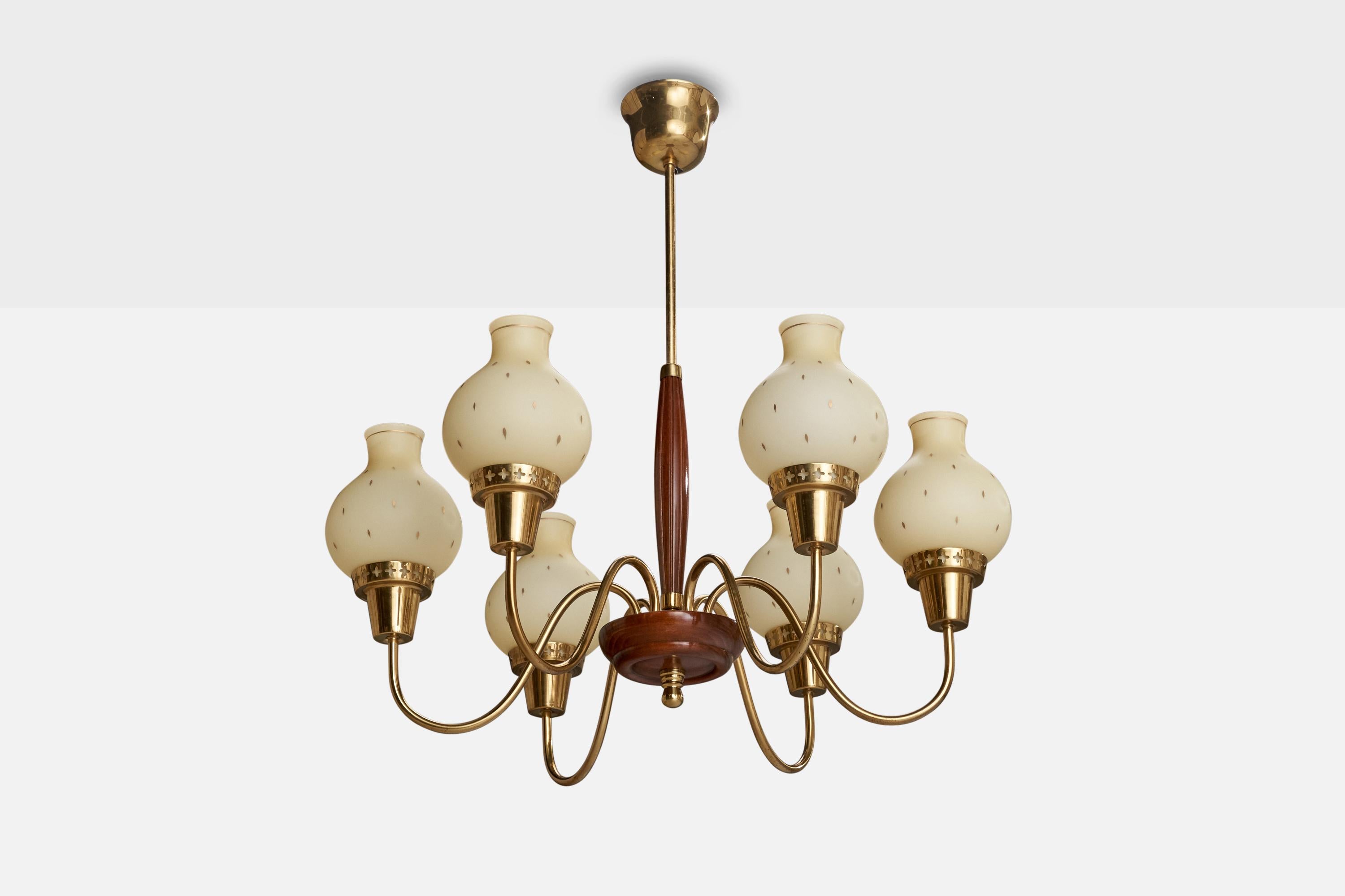 A brass, dark-stained wood and gilded opaline glass designed and produced in Sweden, c. 1940s.

Dimensions of canopy (inches): 3.9” H x 2.9” Diameter
Socket takes standard E-26 bulbs. 6 socket.There is no maximum wattage stated on the fixture. All