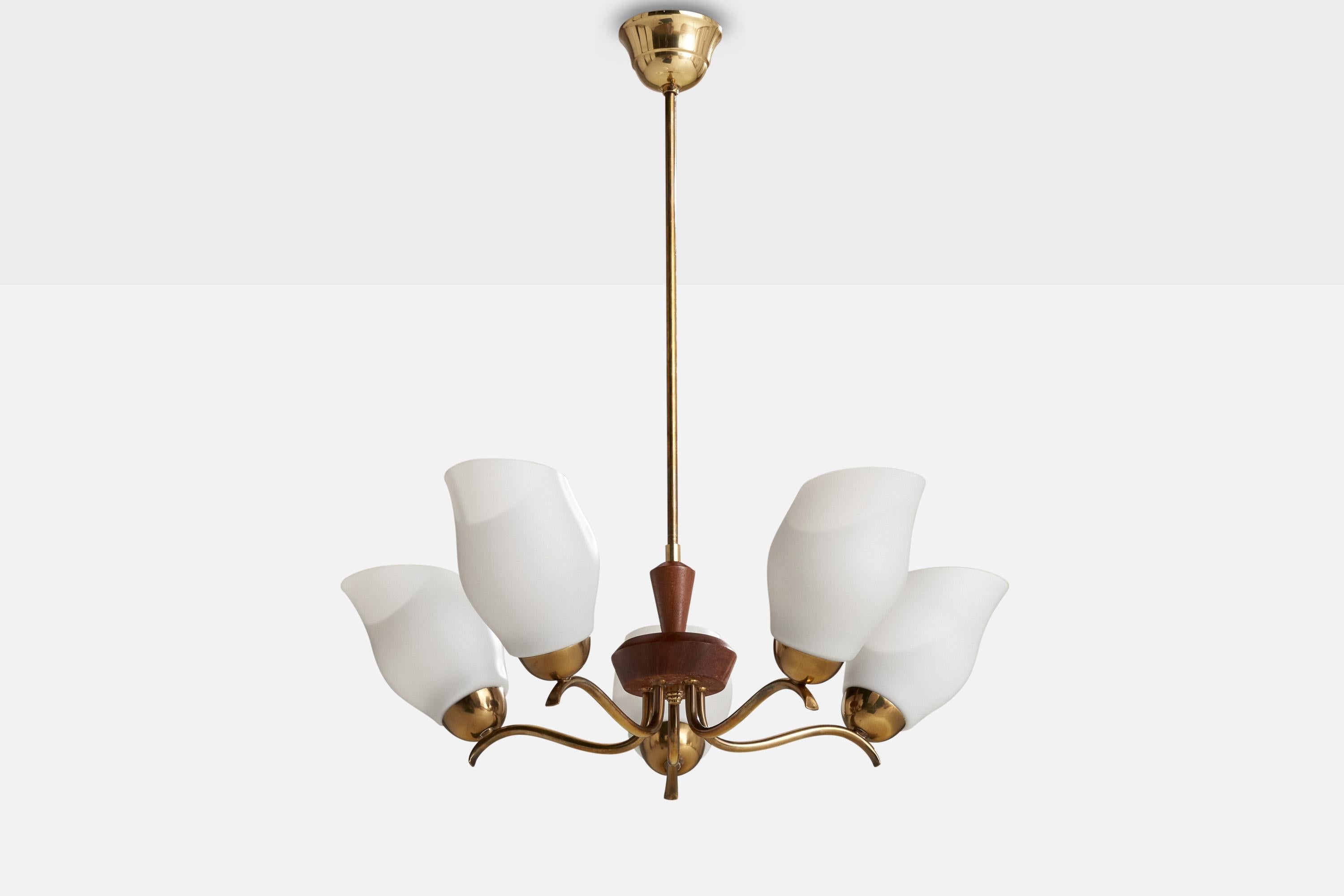 A brass, a stained wood and opaline glass chandelier designed and produced in Sweden, c. 1940s.

Overall Dimensions (inches): 26” H x  23.375” Diameter
Dimensions of Canopy:  2.25” H x 3.75” D
Stem length:16.375 ”H
Bulb Specifications: E-26 