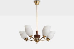 Swedish Designer, Chandelier, Brass, Wood, Glass, Sweden, 1940s