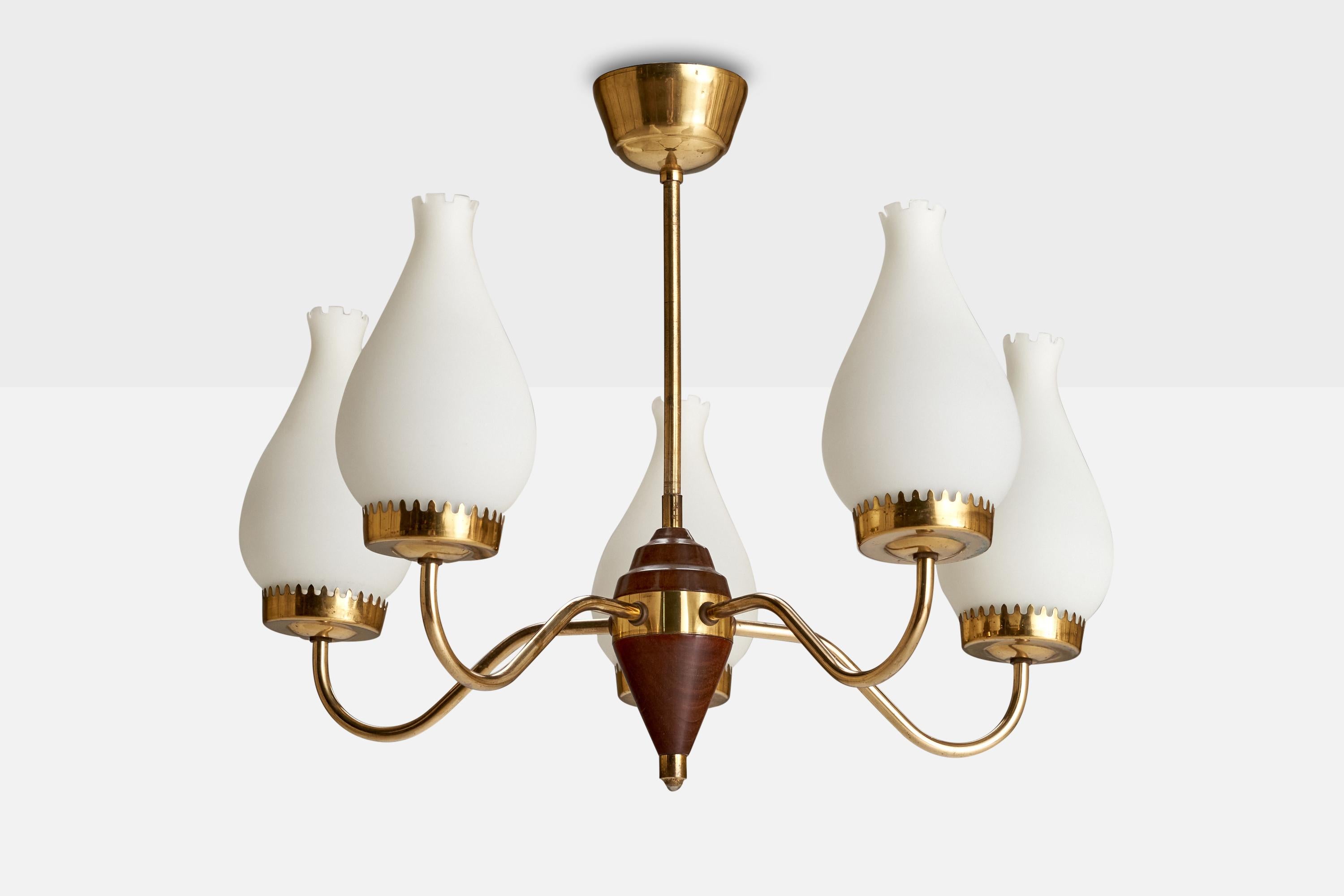 A brass, opaline glass and dark-stained wood chandelier designed and produced in Sweden, c. 1940s.

Overall Dimensions (inches): 16.625” H x  19” Diameter
Dimensions of Canopy:  2.5” H x 3.625” W x 3..625” D
Stem length: 7.75”H
Bulb Specifications: