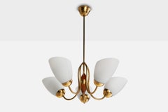 Swedish Designer, Chandelier, Brass, Wood, Glass, Sweden, 1940s