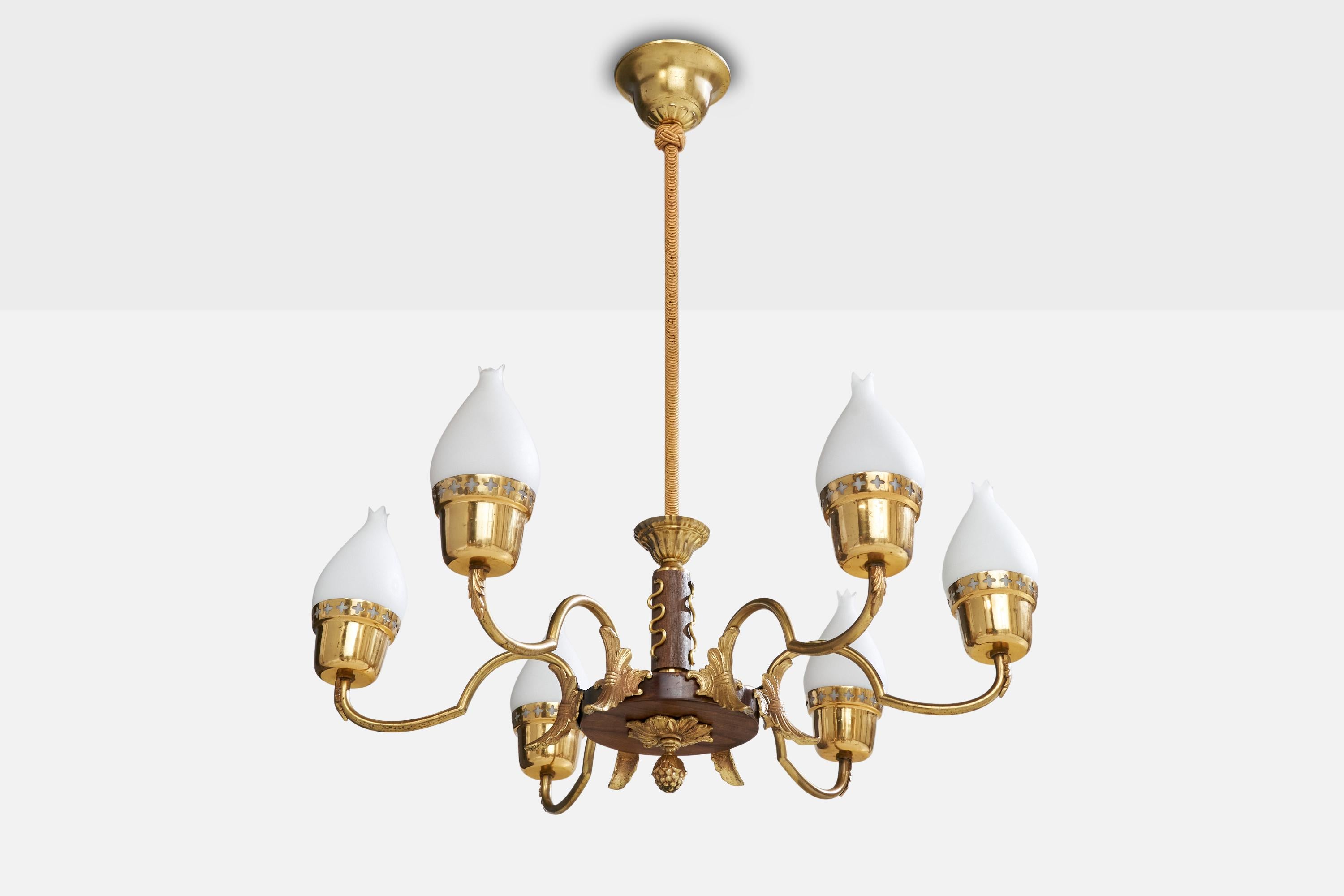 A brass, glass and white opaline glass chandelier designed and produced in Sweden, c. 1940s.

Overall Dimensions (inches): 29.5” H x 24” Diameter

Dimensions of Canopy: 2.25“ H x 4.5” Diameter 

Stem length: 18” H

Bulb Specifications: E-26 

Number