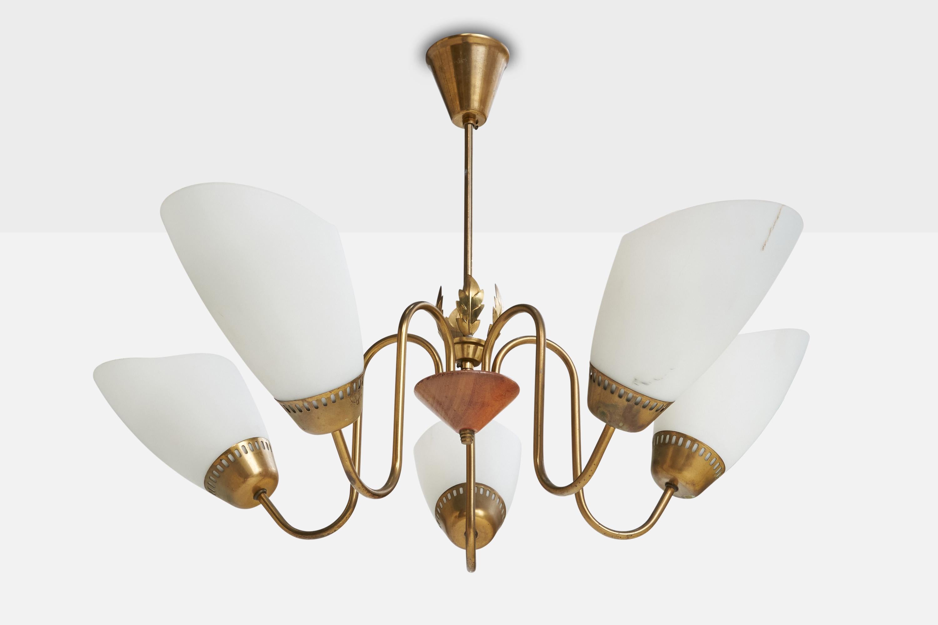 A brass, wood and white opaline glass chandelier designed and produced in Sweden, c. 1940s.

Overall Dimensions (inches): 21.5” H x 33” Diameter

Dimensions of Canopy: 3.25“ H x 3.65” Diameter 

Stem length: 13” H

Bulb Specifications: E-26 

Number
