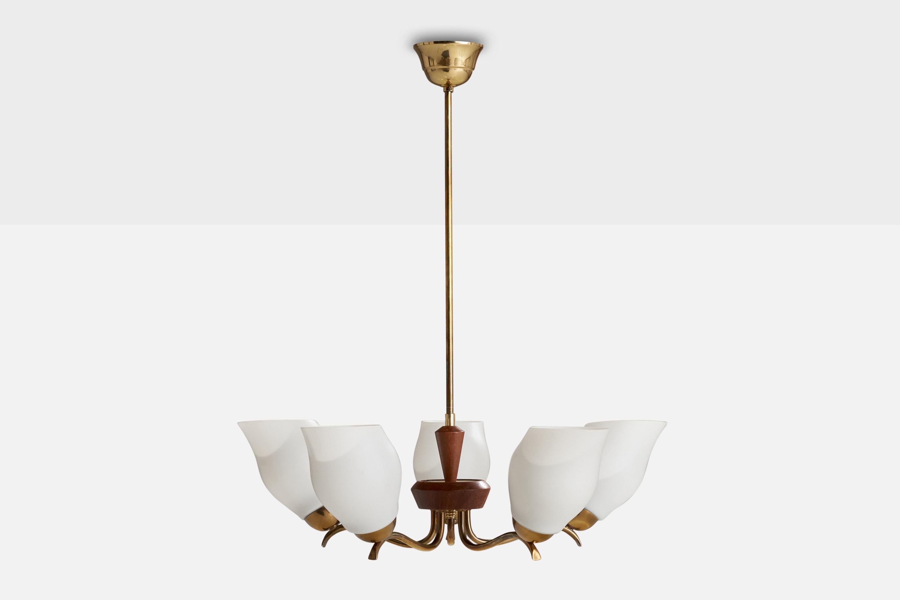 Scandinavian Modern Swedish Designer, Chandelier, Brass, Wood, Glass, Sweden, 1940s For Sale