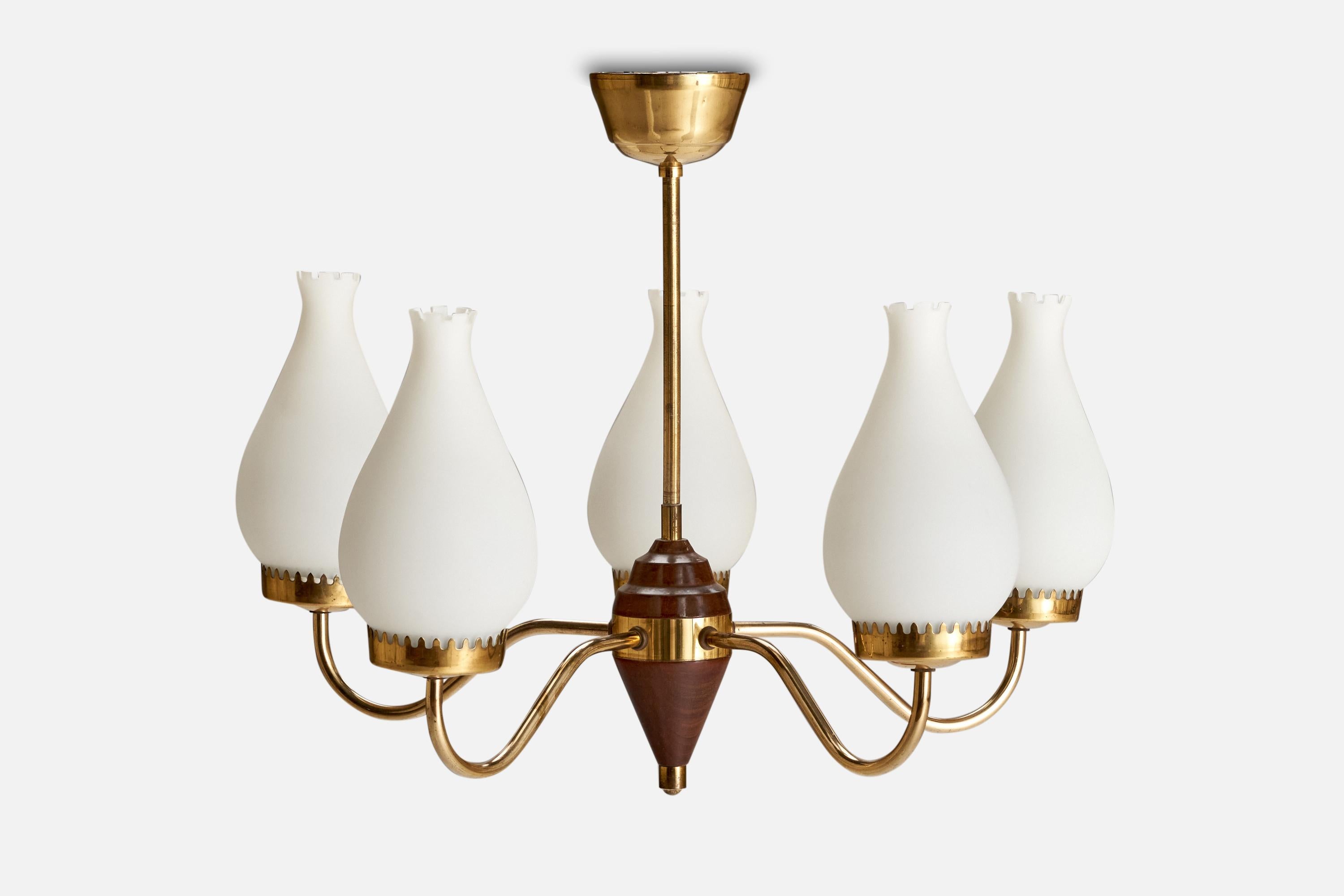 Scandinavian Modern Swedish Designer, Chandelier, Brass, Wood, Glass, Sweden, 1940s For Sale