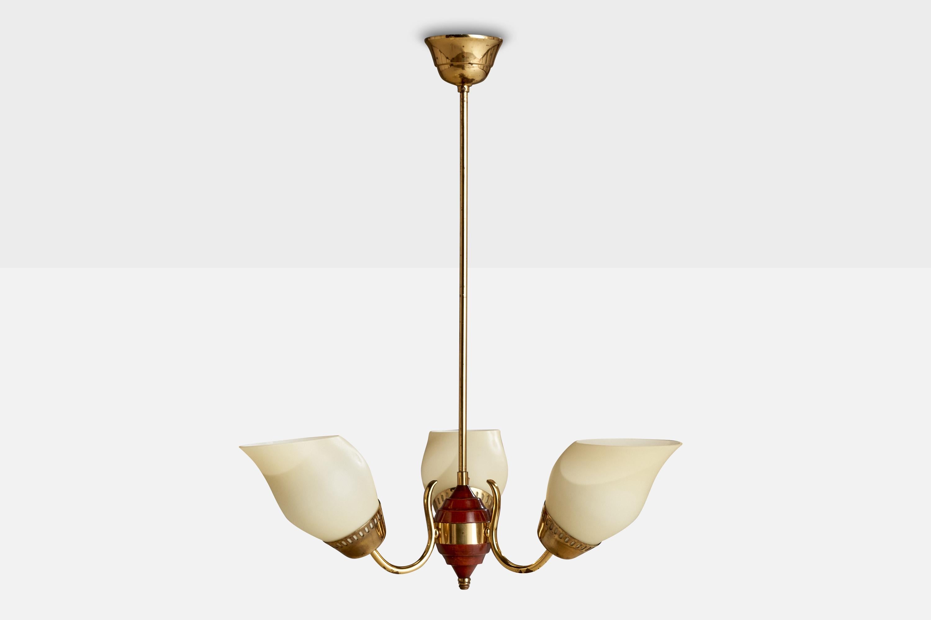 Scandinavian Modern Swedish Designer, Chandelier, Brass, Wood, Glass, Sweden, 1940s For Sale