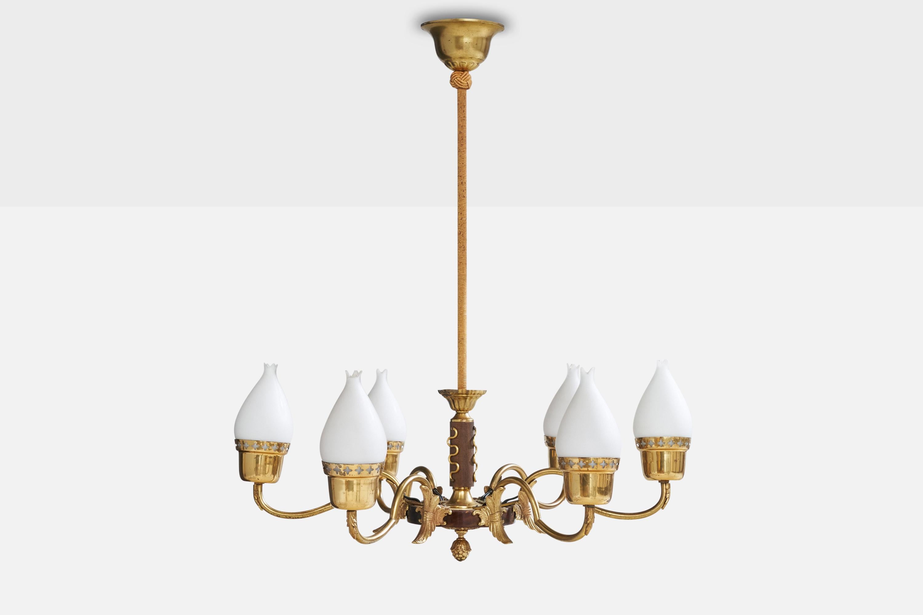 Scandinavian Modern Swedish Designer, Chandelier, Brass, Wood, Glass, Sweden, 1940s For Sale