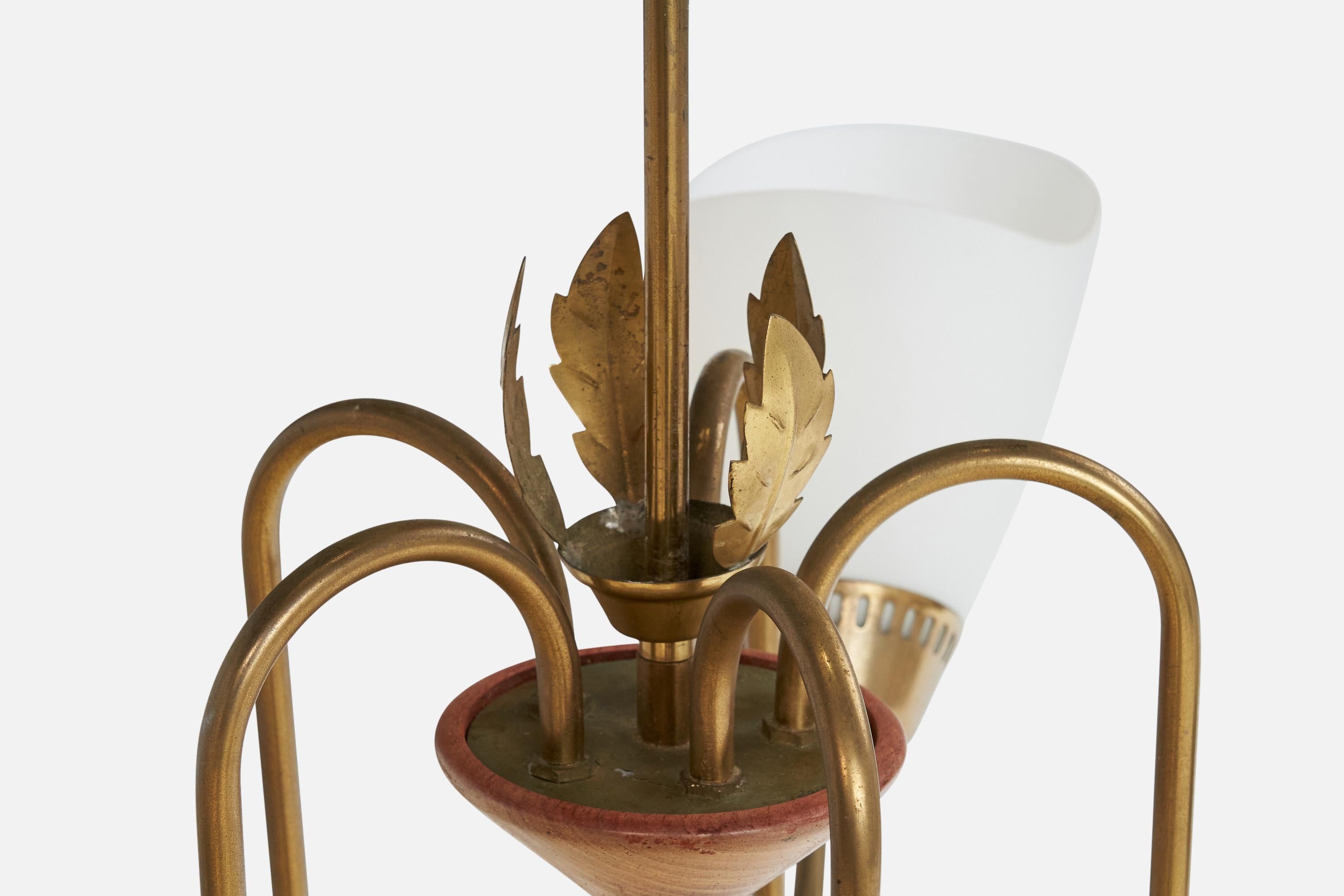Scandinavian Modern Swedish Designer, Chandelier, Brass, Wood, Glass, Sweden, 1940s For Sale