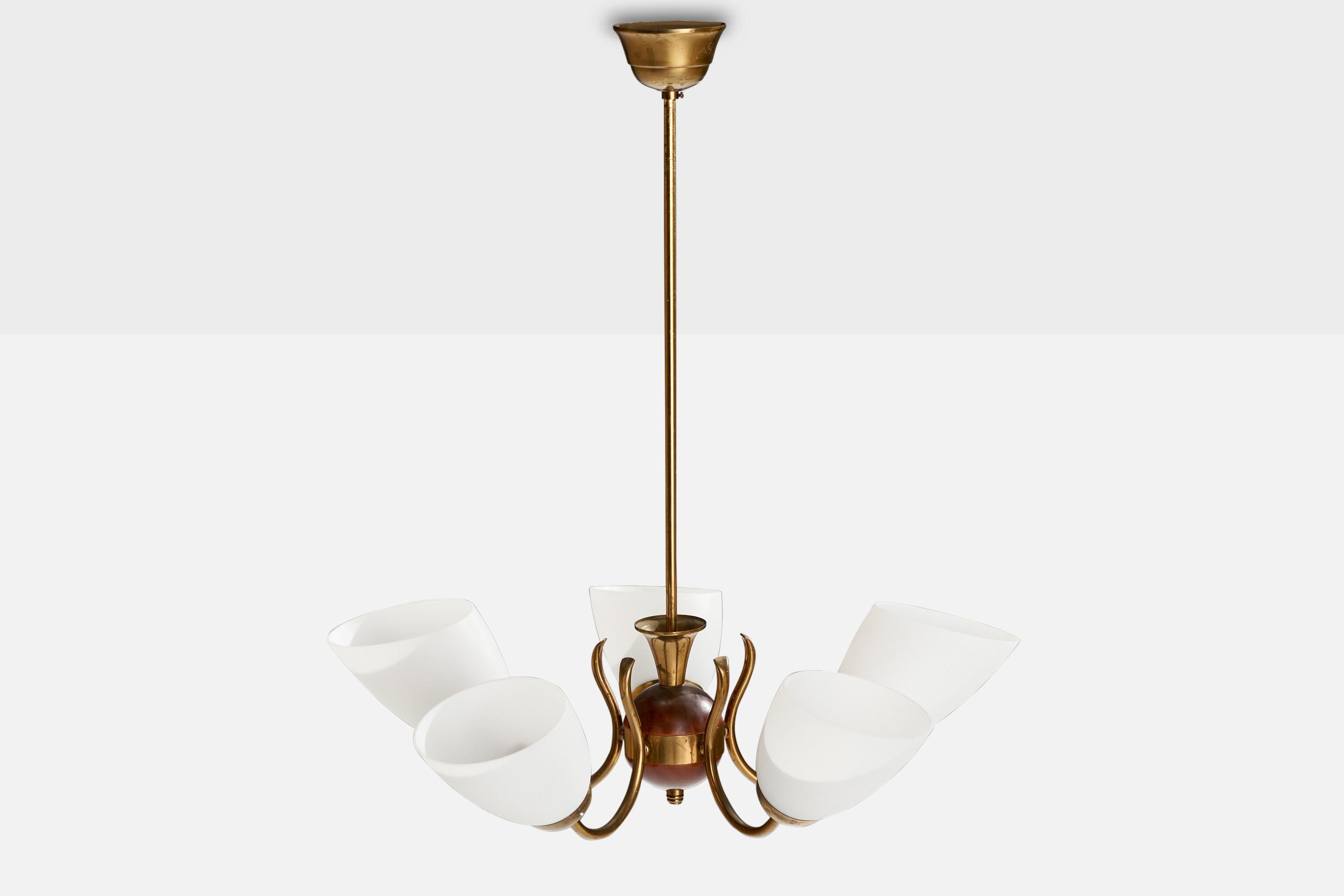 Swedish Designer, Chandelier, Brass, Wood, Glass, Sweden, 1940s In Good Condition For Sale In High Point, NC