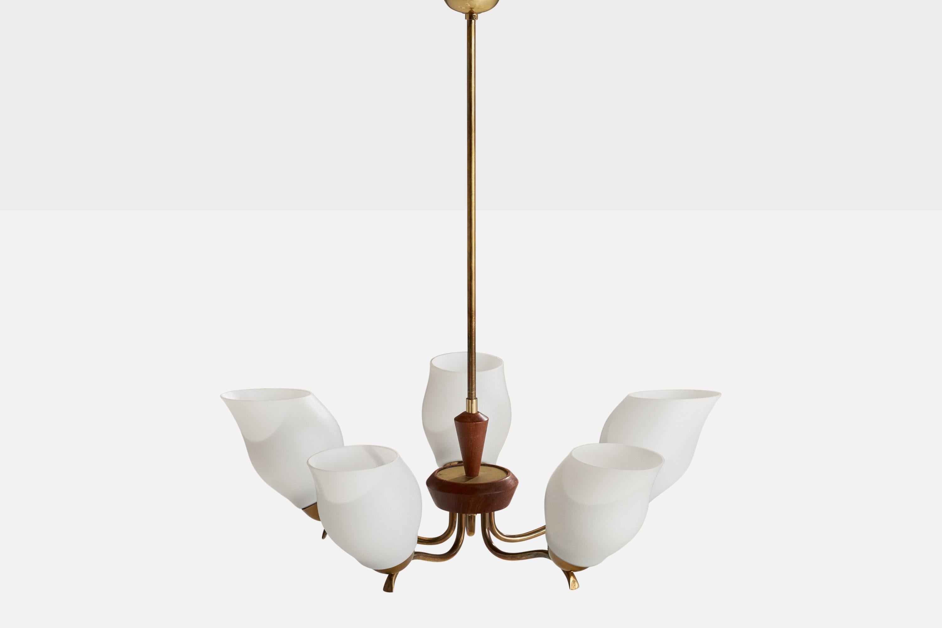 Swedish Designer, Chandelier, Brass, Wood, Glass, Sweden, 1940s In Good Condition For Sale In High Point, NC