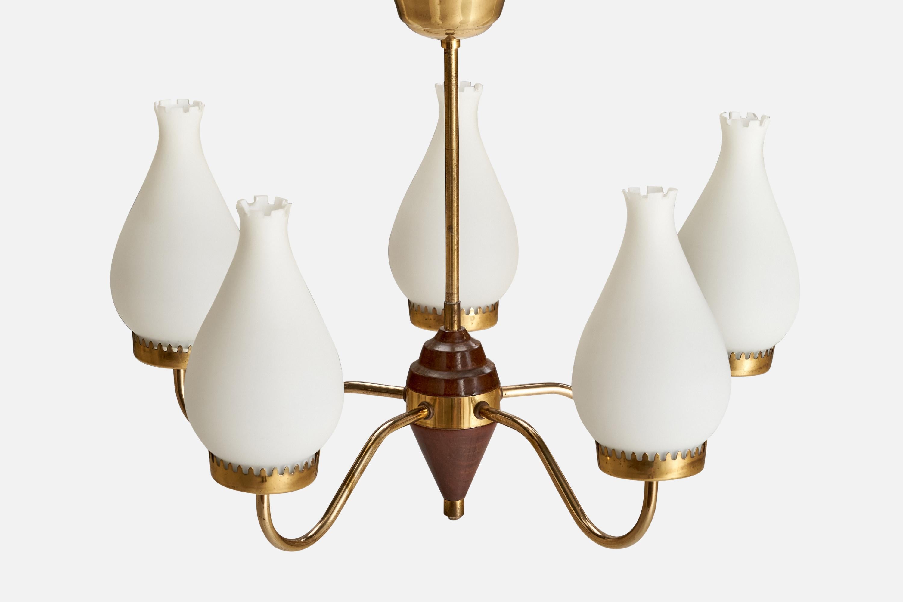 Swedish Designer, Chandelier, Brass, Wood, Glass, Sweden, 1940s In Good Condition For Sale In High Point, NC