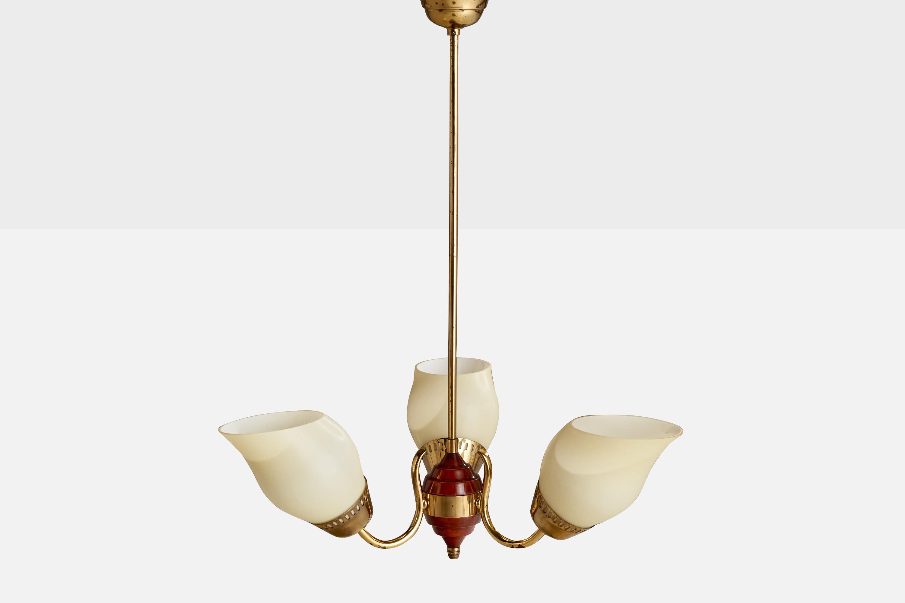 Swedish Designer, Chandelier, Brass, Wood, Glass, Sweden, 1940s In Good Condition For Sale In High Point, NC