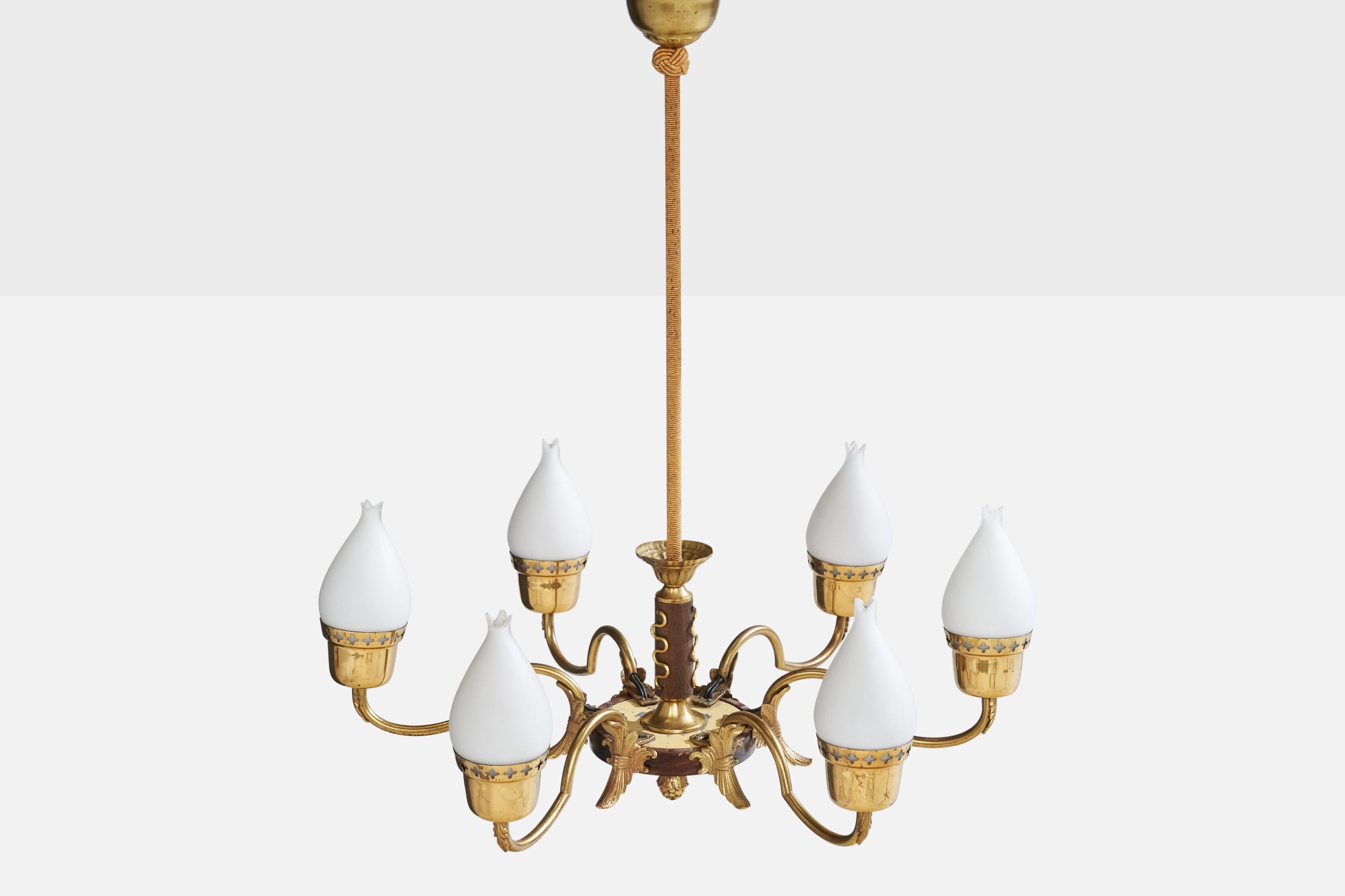 Swedish Designer, Chandelier, Brass, Wood, Glass, Sweden, 1940s In Good Condition For Sale In High Point, NC