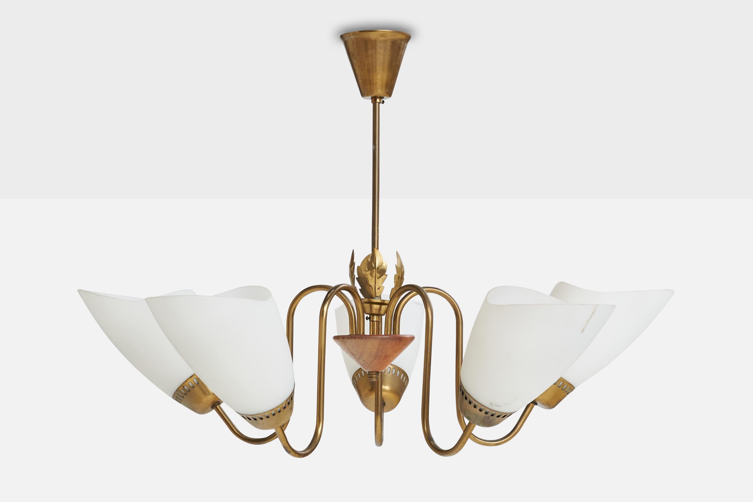 Swedish Designer, Chandelier, Brass, Wood, Glass, Sweden, 1940s In Good Condition For Sale In High Point, NC