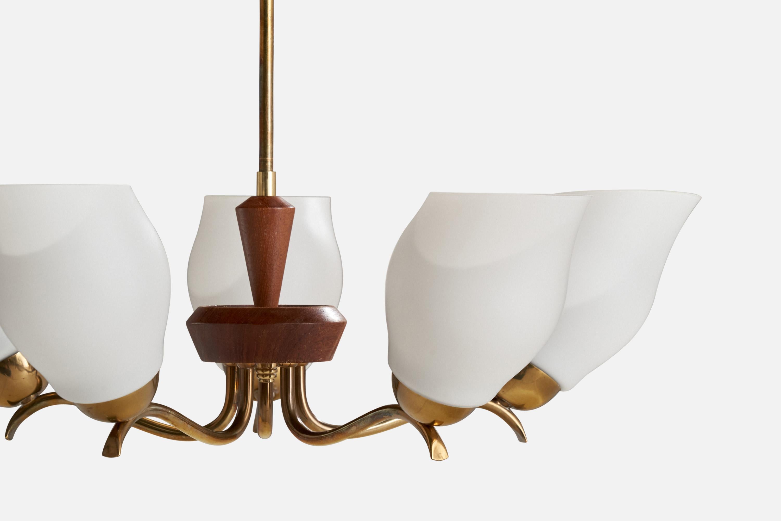 Mid-20th Century Swedish Designer, Chandelier, Brass, Wood, Glass, Sweden, 1940s For Sale