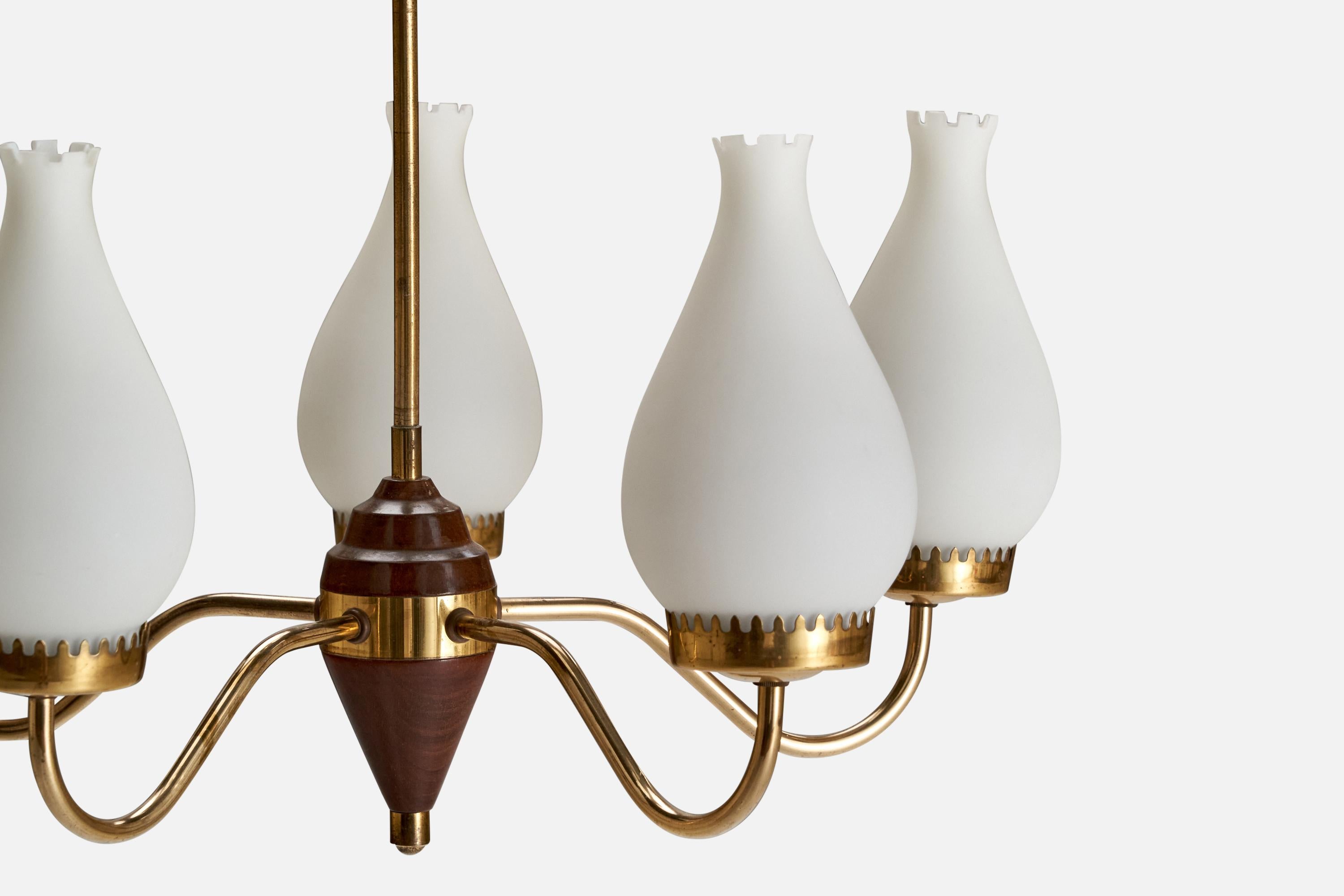 Mid-20th Century Swedish Designer, Chandelier, Brass, Wood, Glass, Sweden, 1940s For Sale