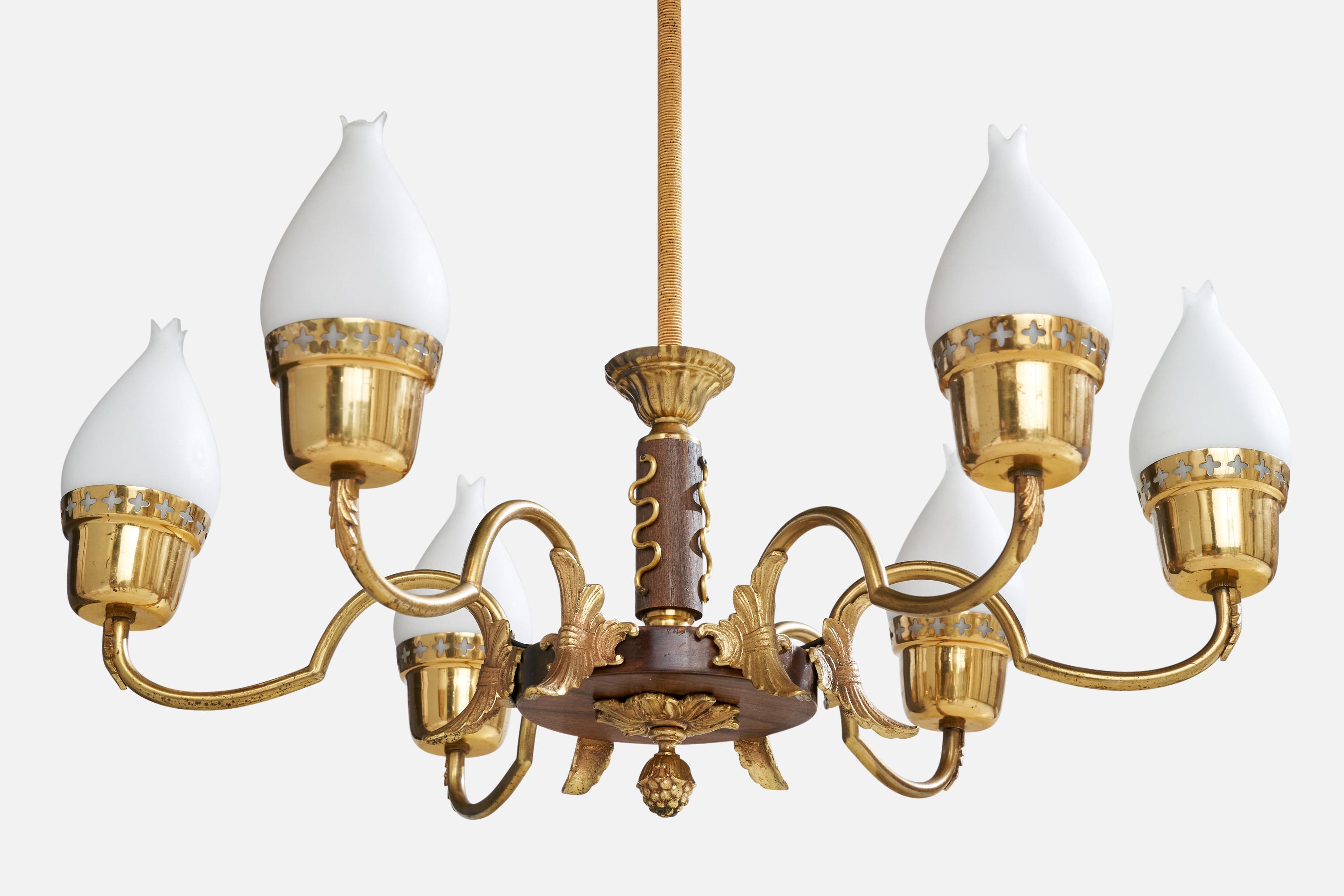 Mid-20th Century Swedish Designer, Chandelier, Brass, Wood, Glass, Sweden, 1940s For Sale