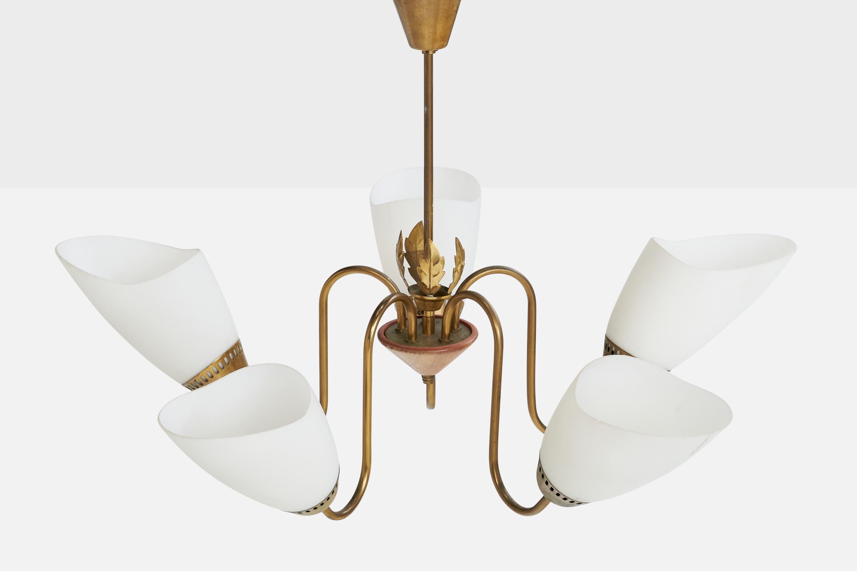 Mid-20th Century Swedish Designer, Chandelier, Brass, Wood, Glass, Sweden, 1940s For Sale