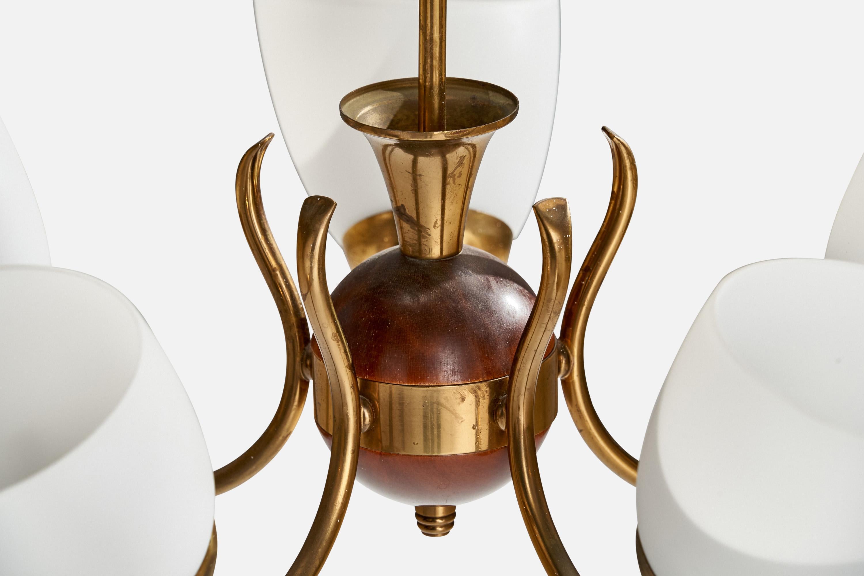 Swedish Designer, Chandelier, Brass, Wood, Glass, Sweden, 1940s For Sale 1