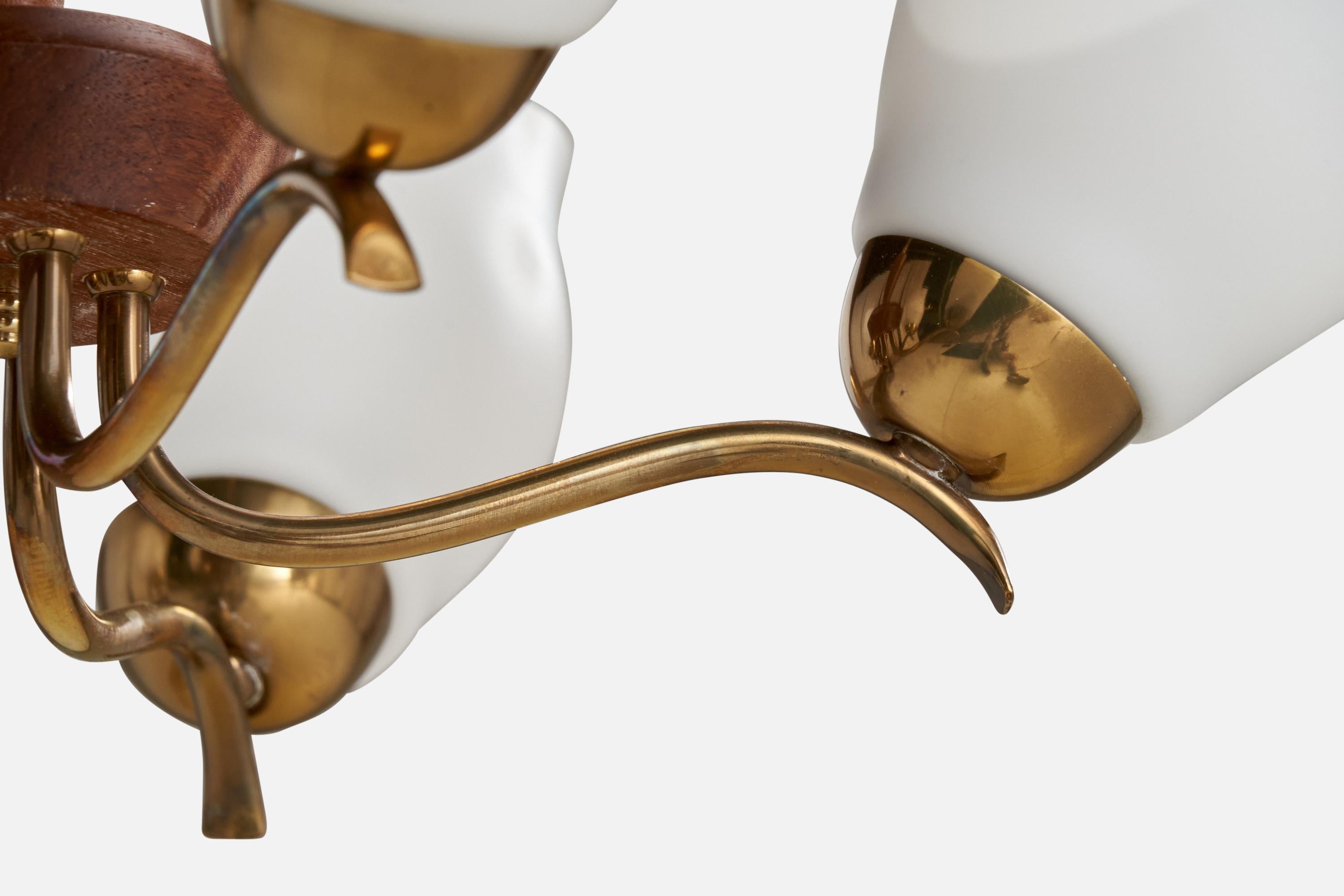 Swedish Designer, Chandelier, Brass, Wood, Glass, Sweden, 1940s For Sale 1