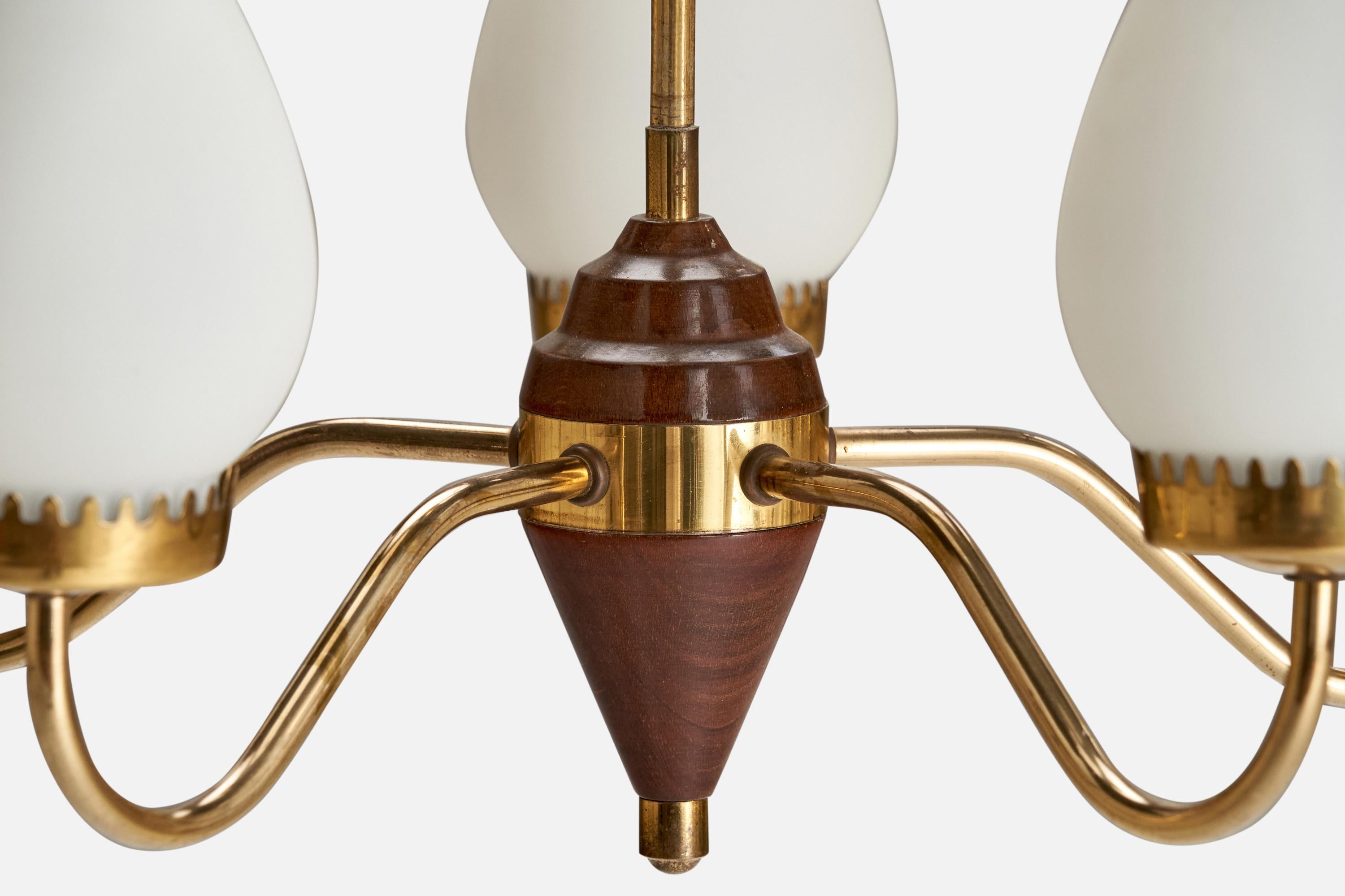 Swedish Designer, Chandelier, Brass, Wood, Glass, Sweden, 1940s For Sale 1