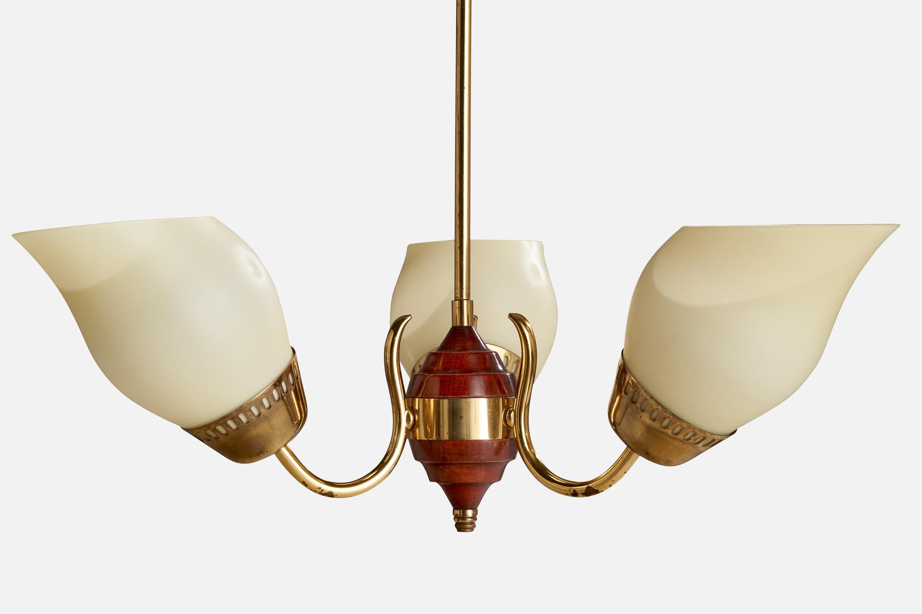 Swedish Designer, Chandelier, Brass, Wood, Glass, Sweden, 1940s For Sale 1