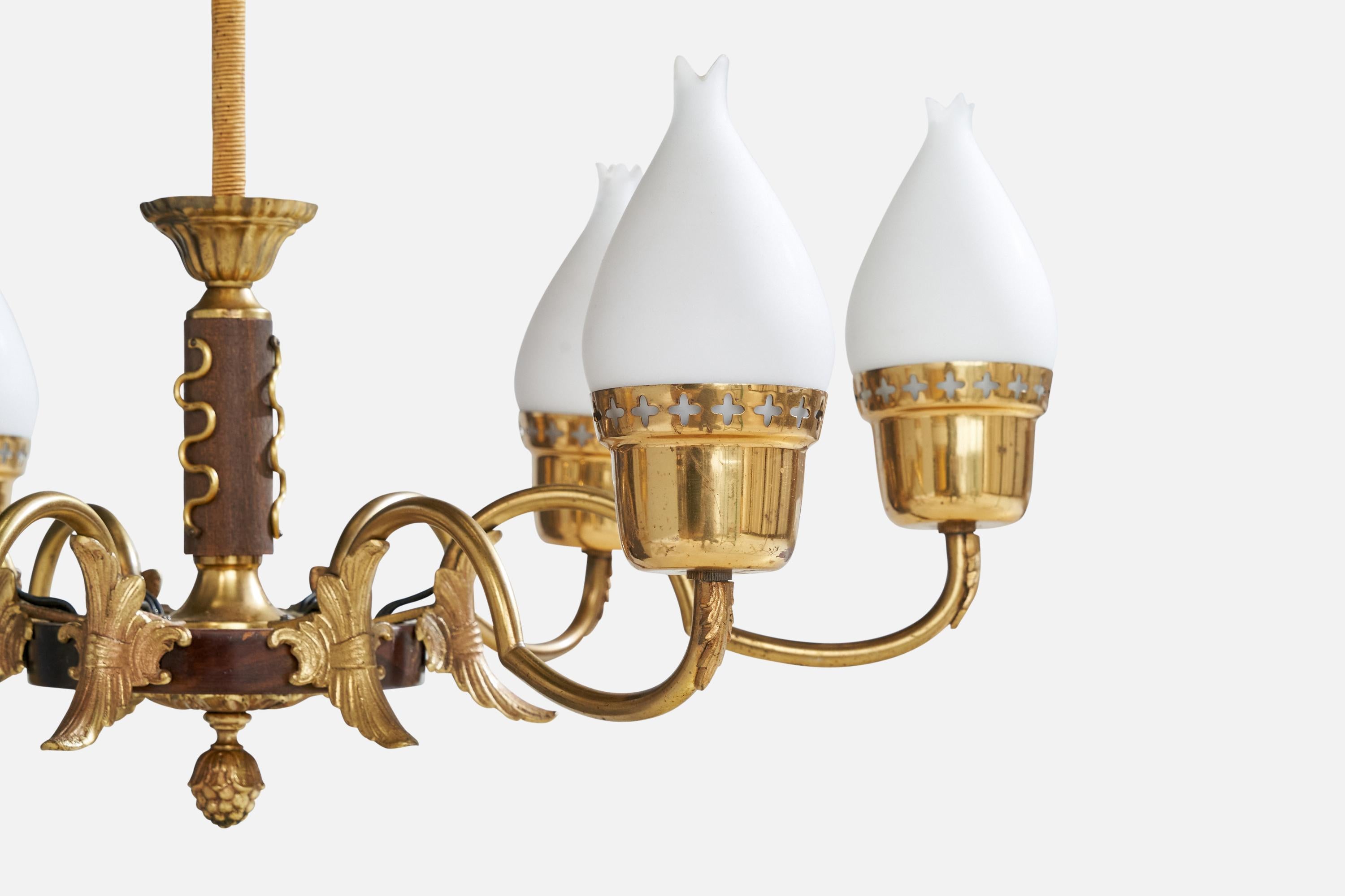 Swedish Designer, Chandelier, Brass, Wood, Glass, Sweden, 1940s For Sale 1