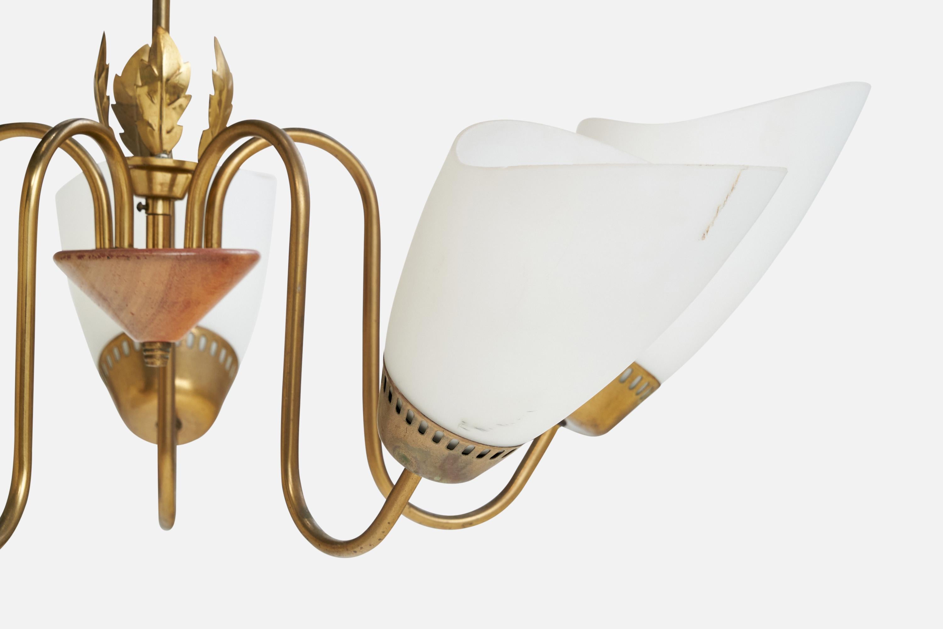 Swedish Designer, Chandelier, Brass, Wood, Glass, Sweden, 1940s For Sale 1