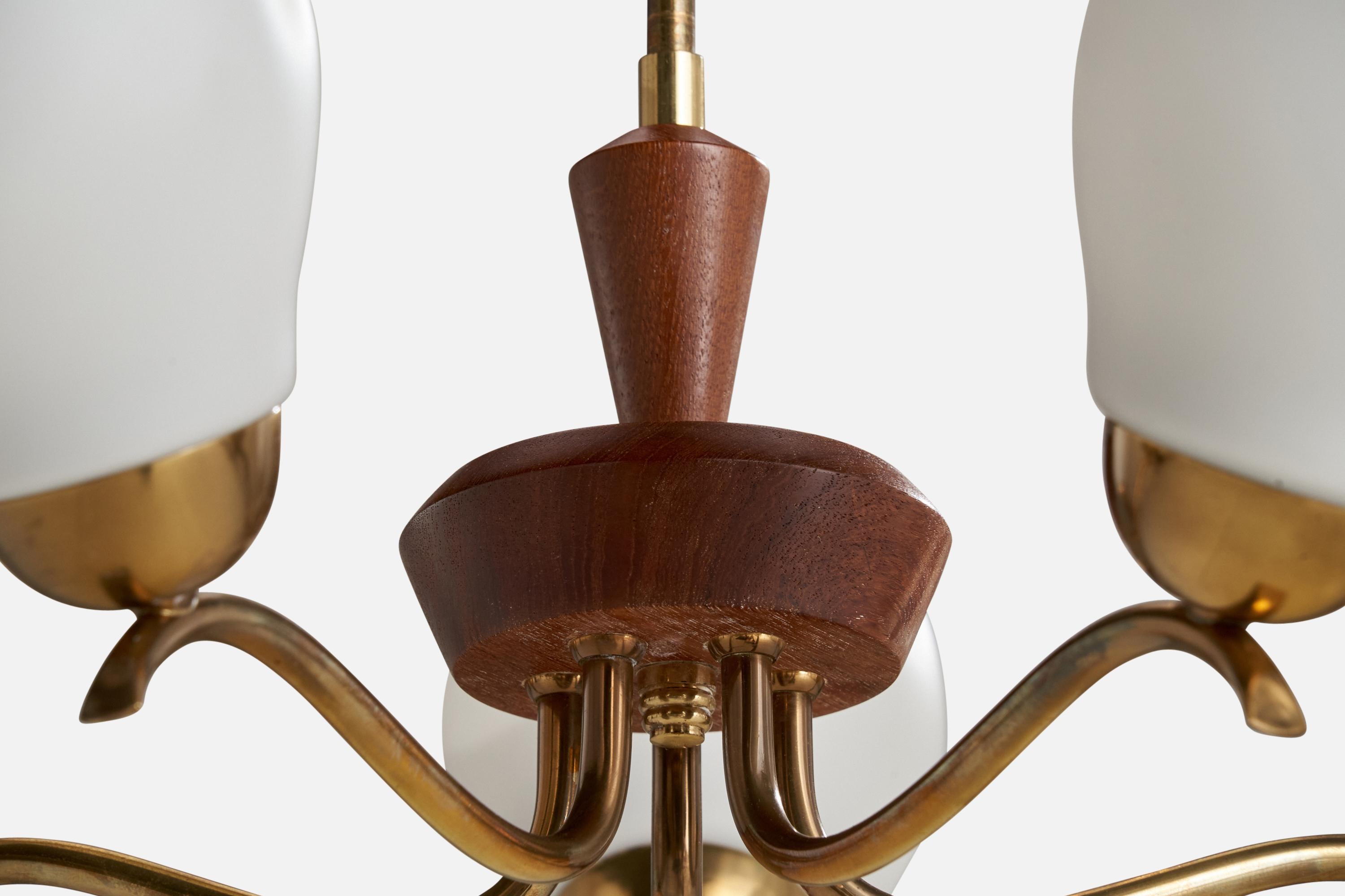 Swedish Designer, Chandelier, Brass, Wood, Glass, Sweden, 1940s For Sale 2