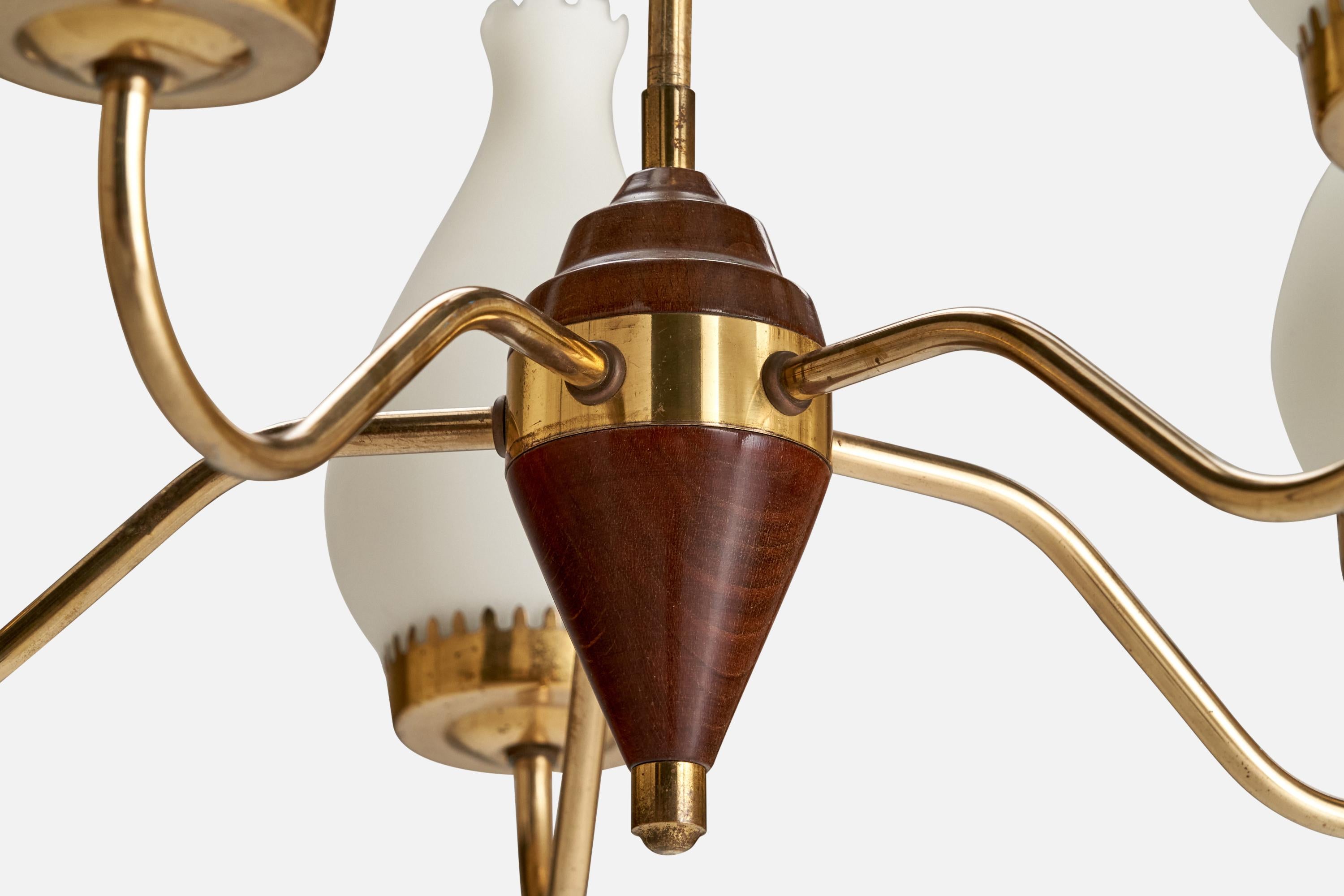 Swedish Designer, Chandelier, Brass, Wood, Glass, Sweden, 1940s For Sale 2