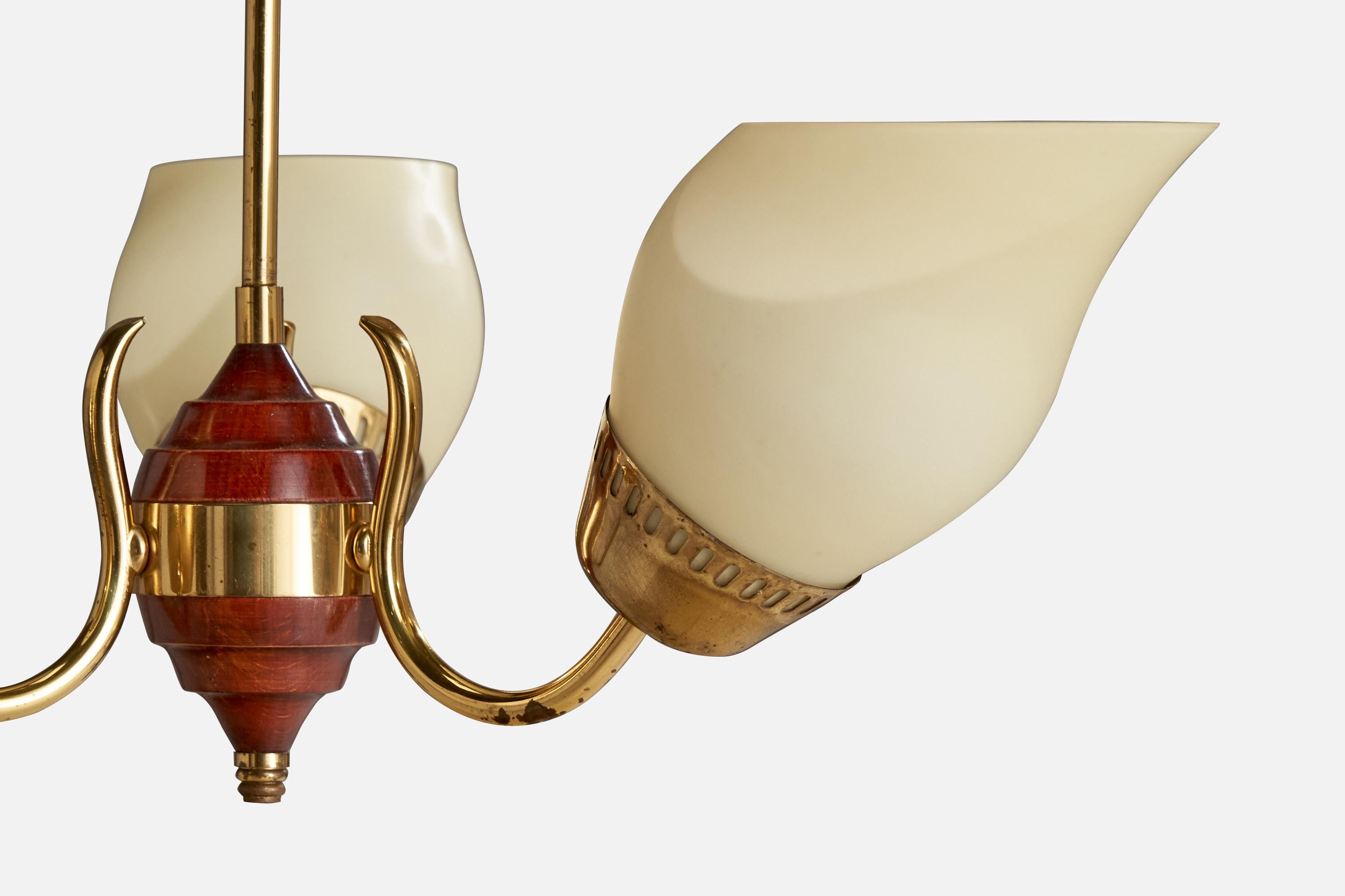 Swedish Designer, Chandelier, Brass, Wood, Glass, Sweden, 1940s For Sale 2