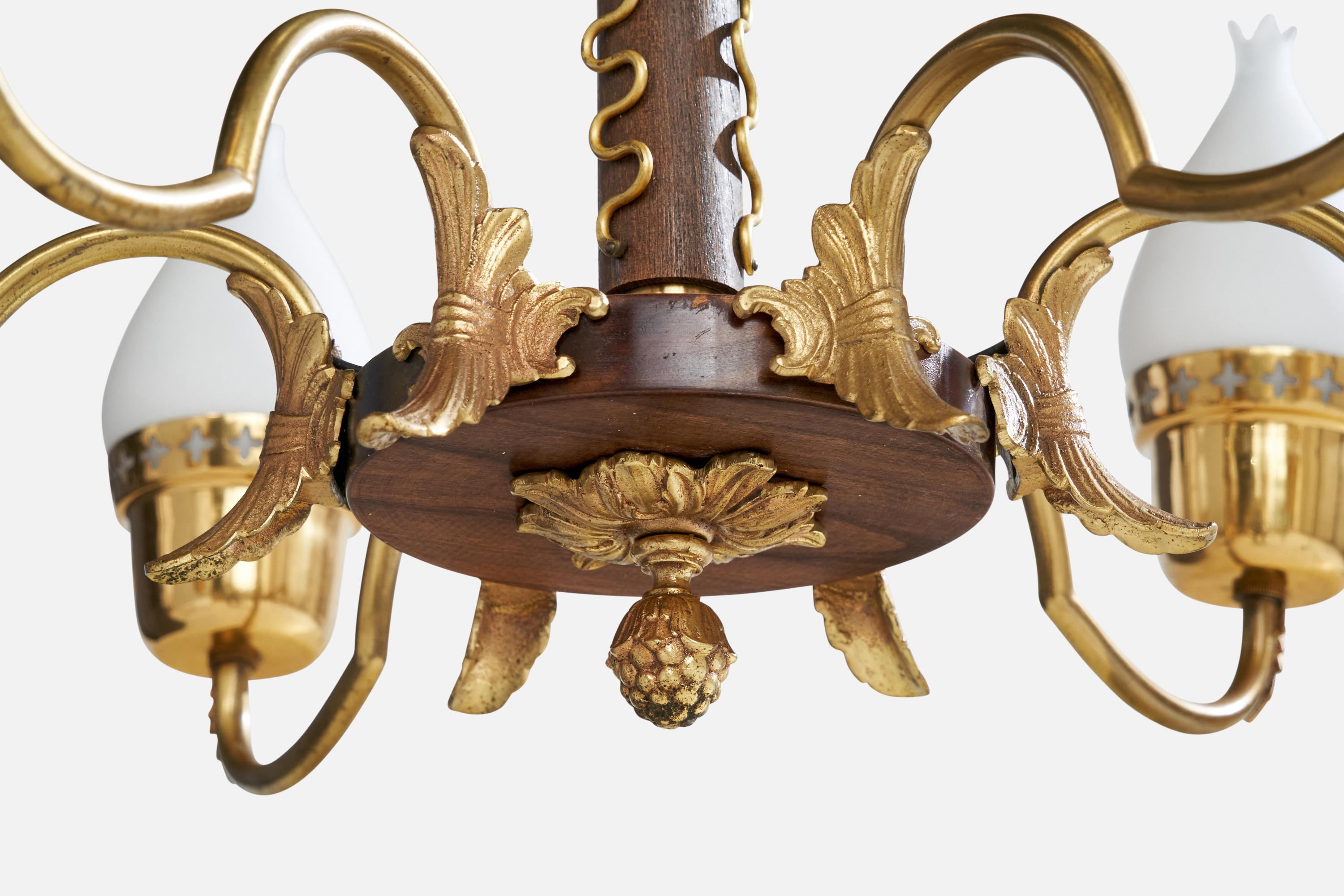 Swedish Designer, Chandelier, Brass, Wood, Glass, Sweden, 1940s For Sale 2