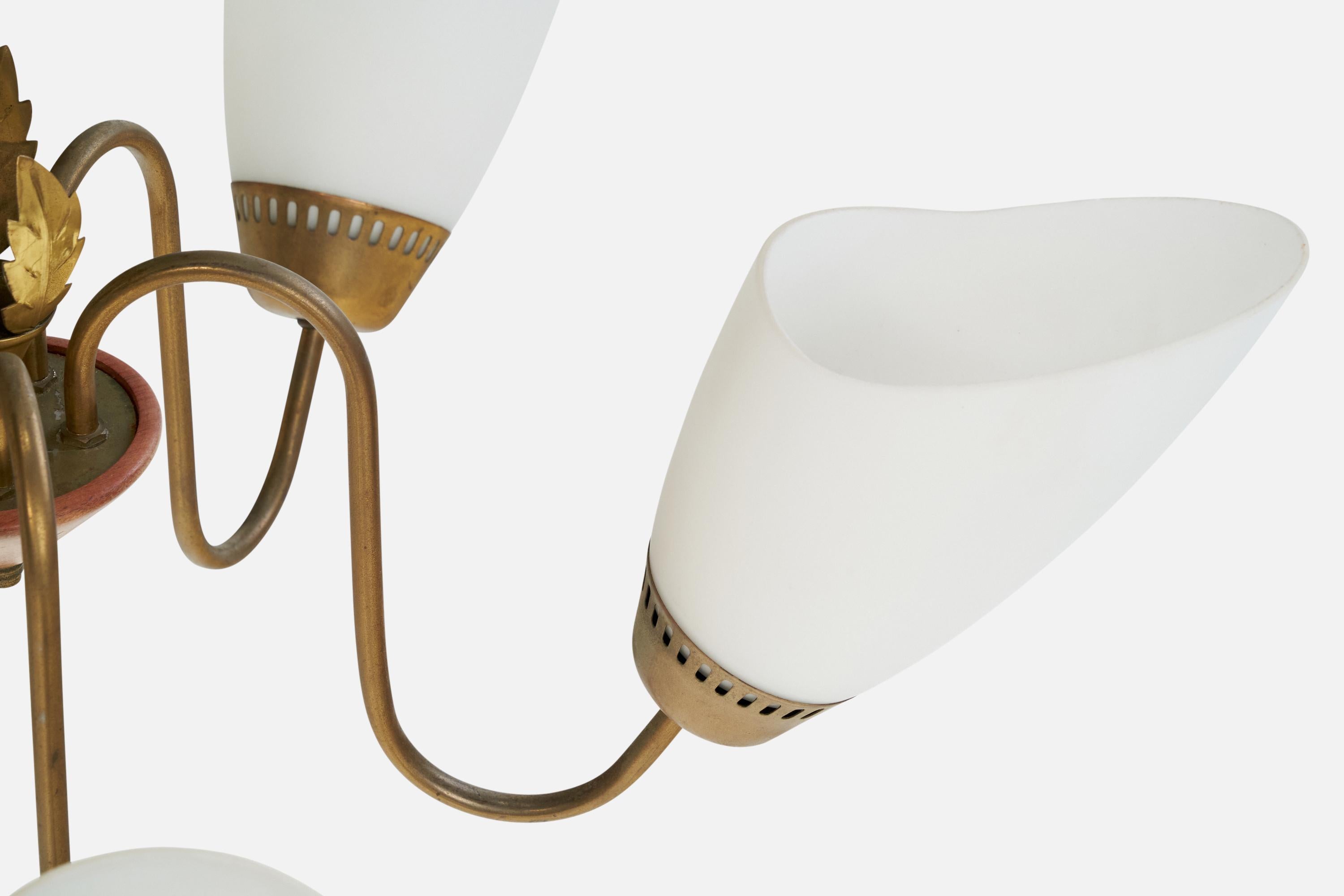 Swedish Designer, Chandelier, Brass, Wood, Glass, Sweden, 1940s For Sale 2