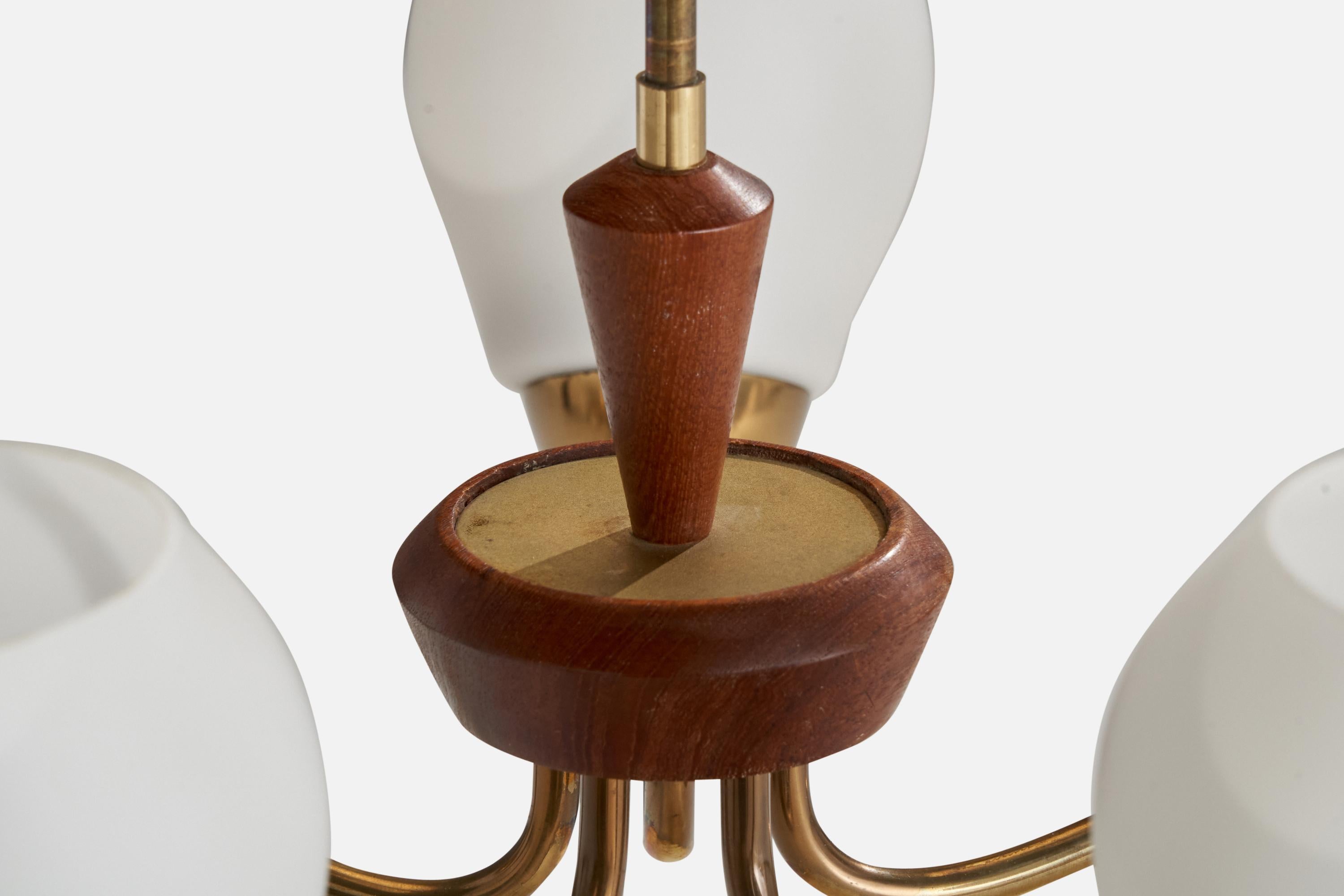 Swedish Designer, Chandelier, Brass, Wood, Glass, Sweden, 1940s For Sale 3