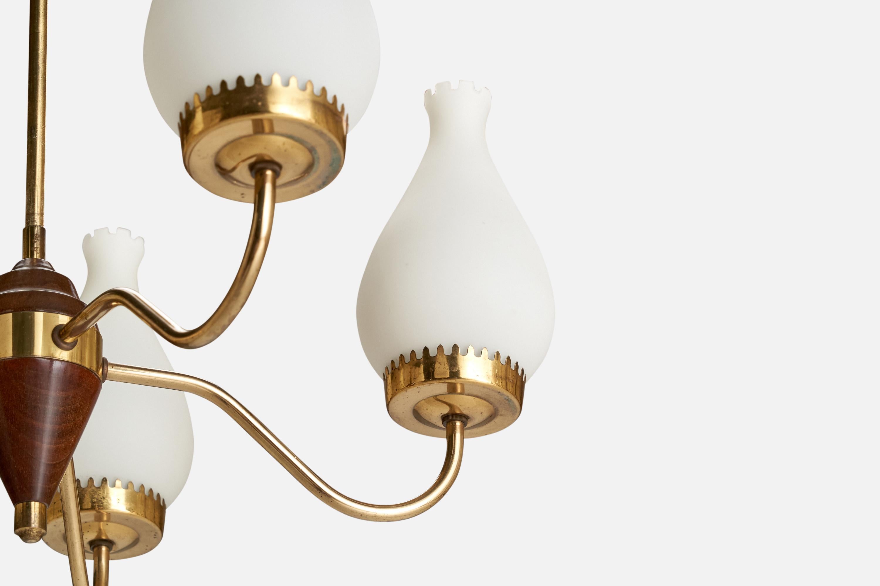 Swedish Designer, Chandelier, Brass, Wood, Glass, Sweden, 1940s For Sale 3