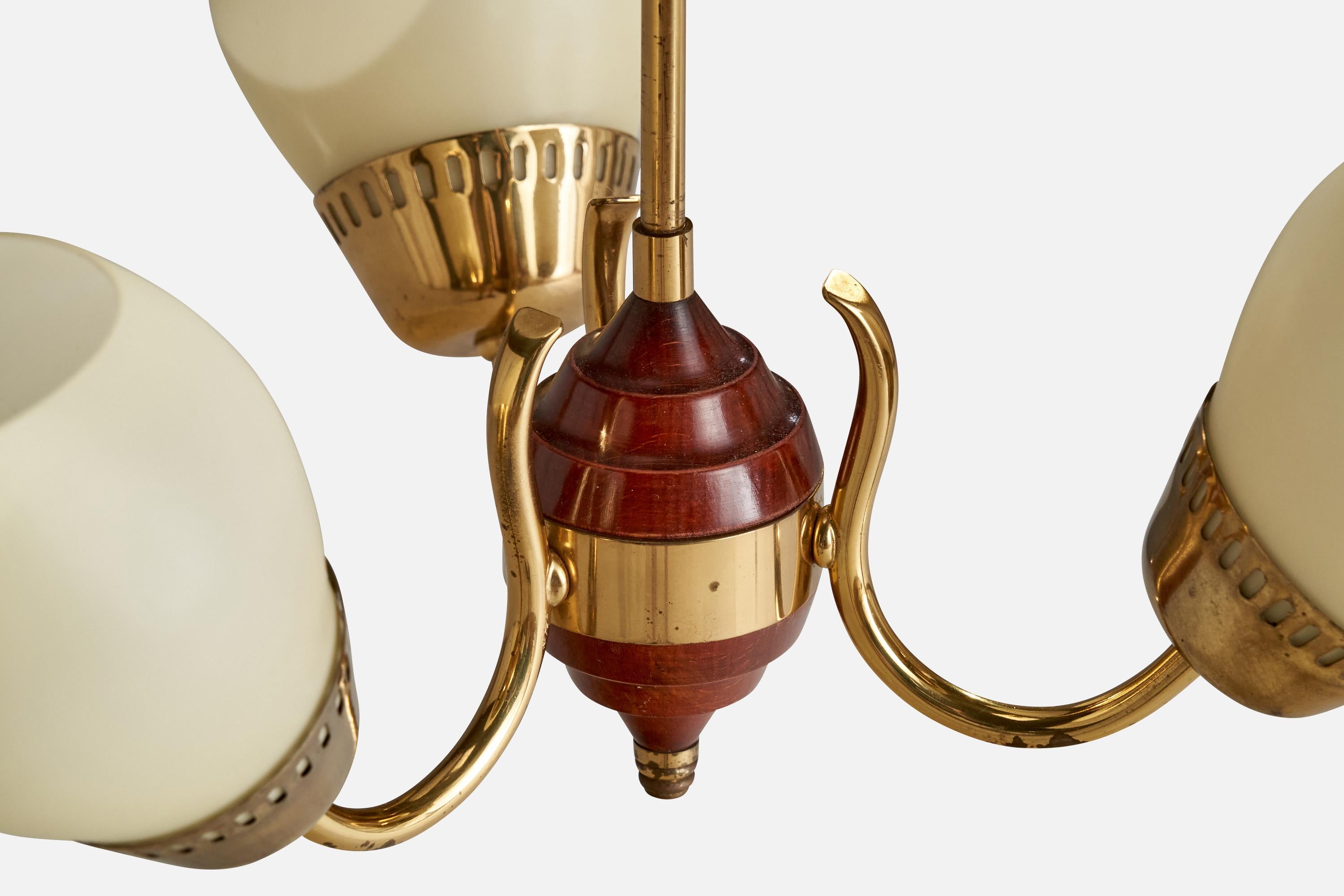 Swedish Designer, Chandelier, Brass, Wood, Glass, Sweden, 1940s For Sale 3