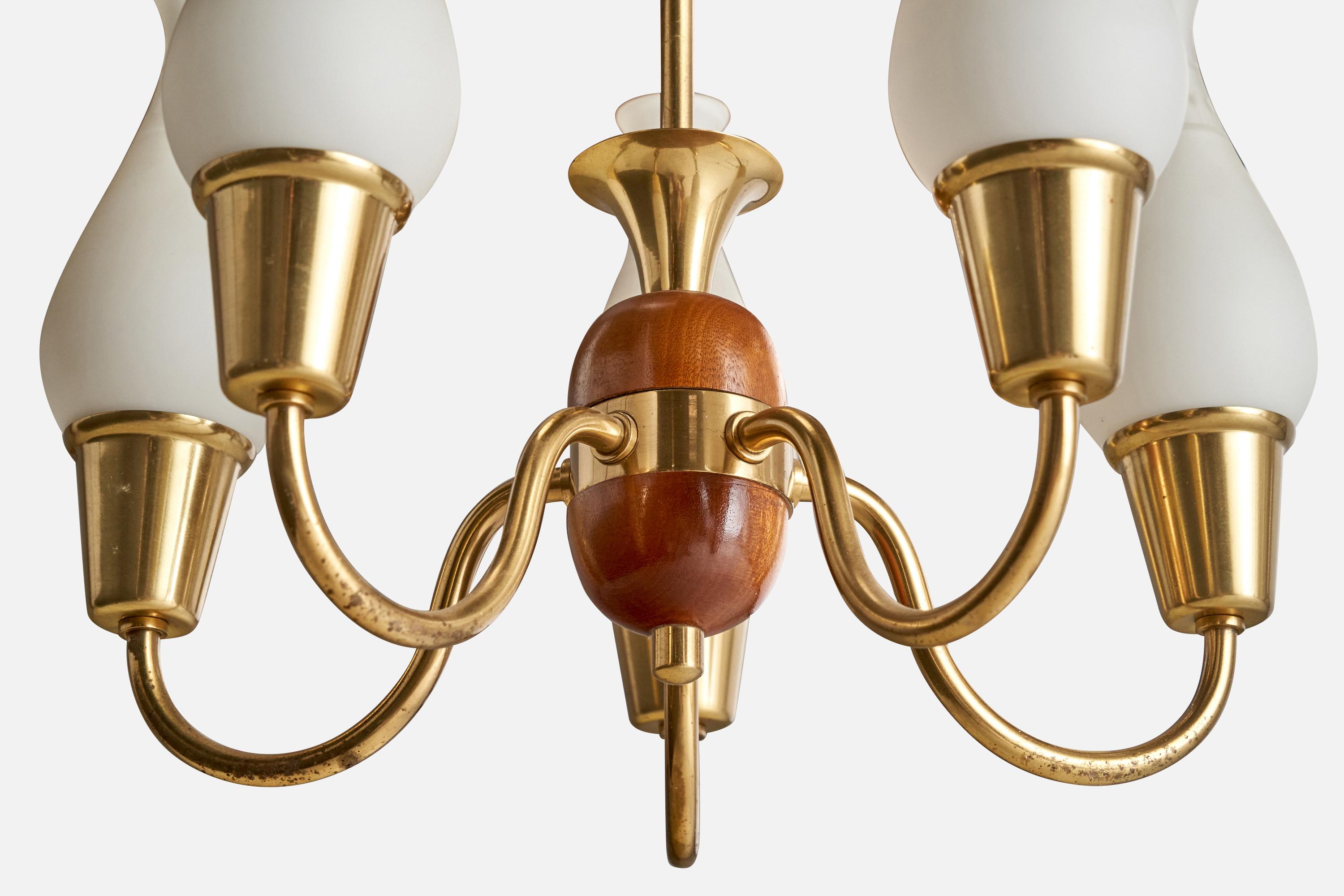 Schwedischer Designer, Kronleuchter, Messing, Holz, Glas, Schweden, 1940er Jahre im Angebot 3