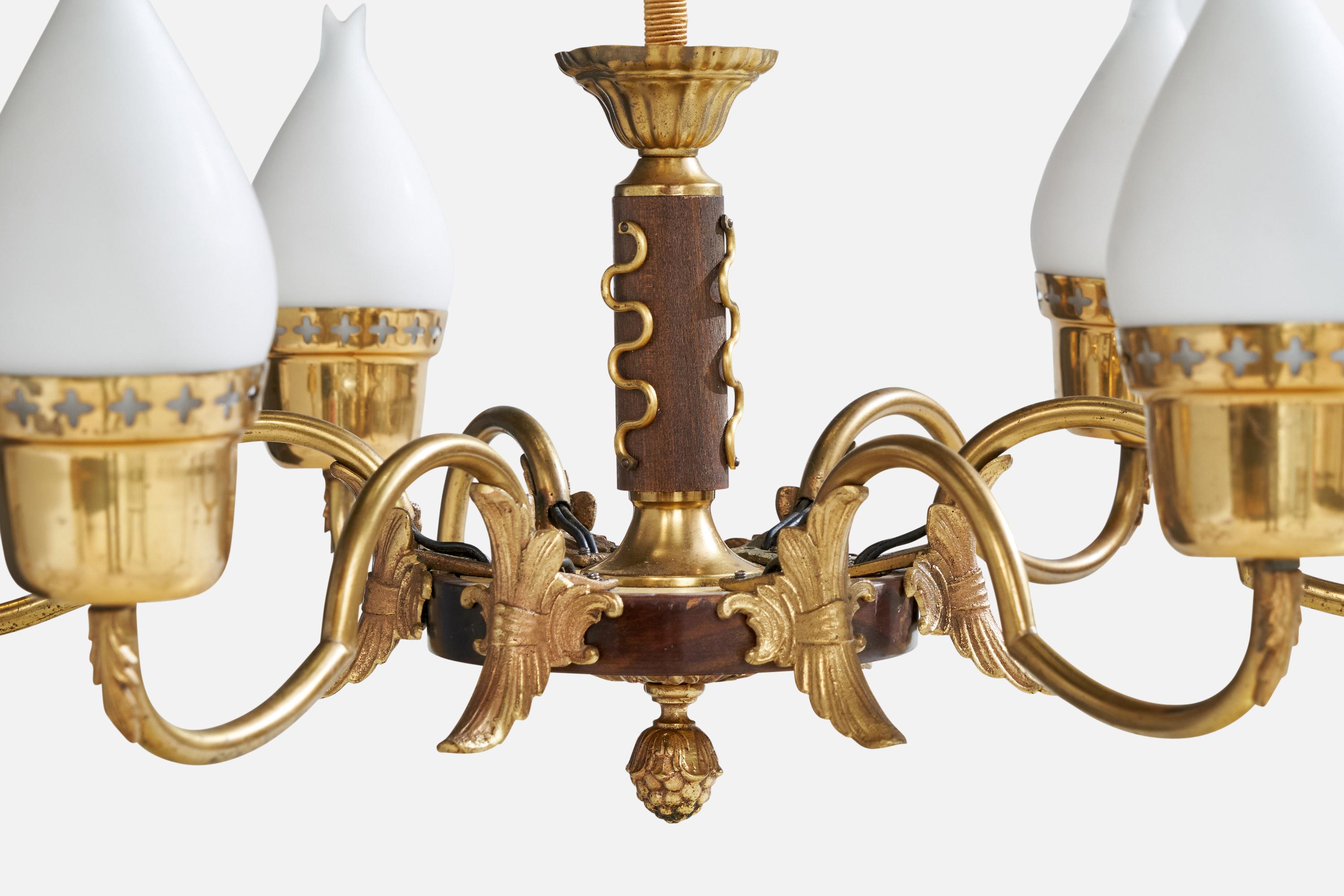 Swedish Designer, Chandelier, Brass, Wood, Glass, Sweden, 1940s For Sale 3