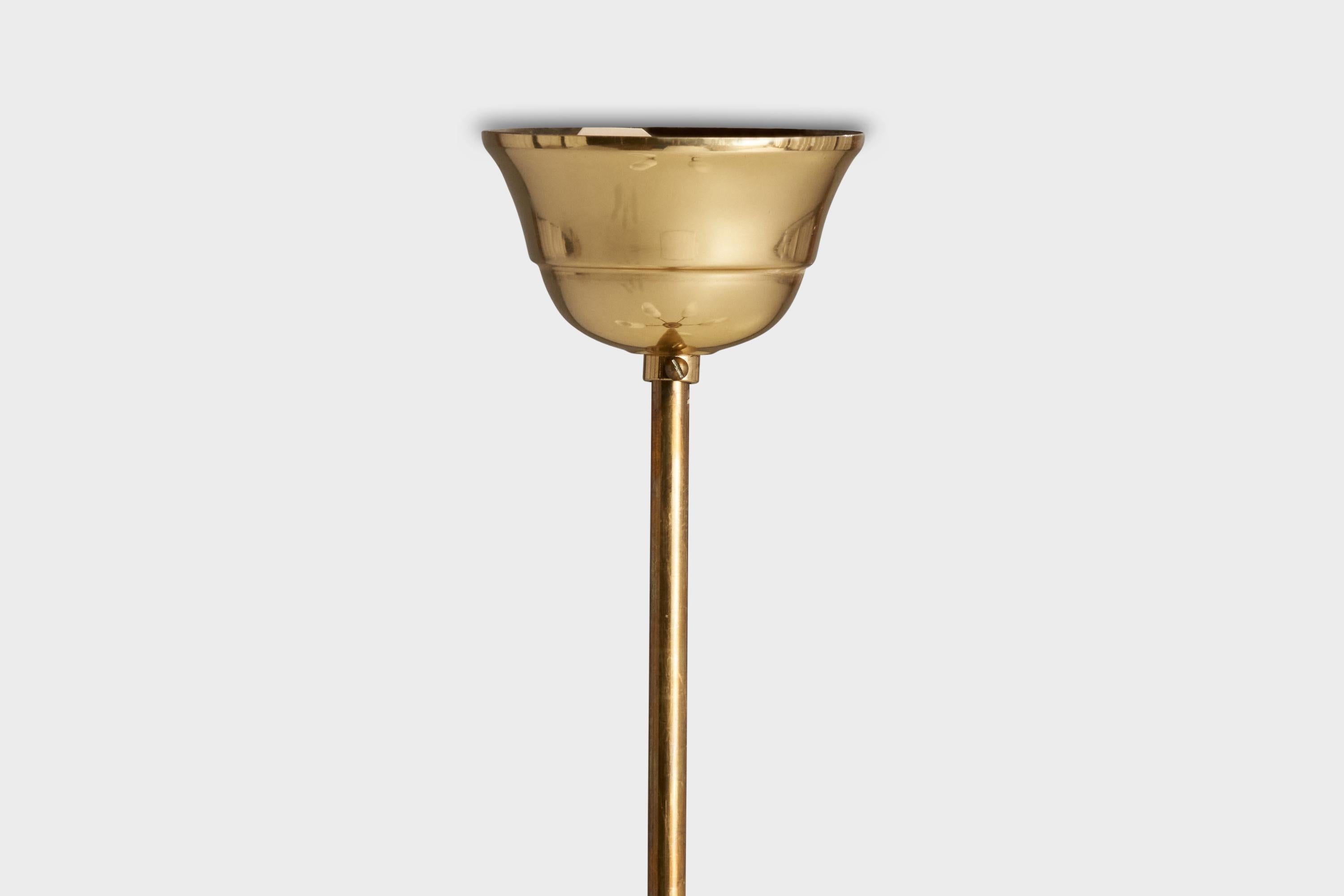 Swedish Designer, Chandelier, Brass, Wood, Glass, Sweden, 1940s For Sale 4