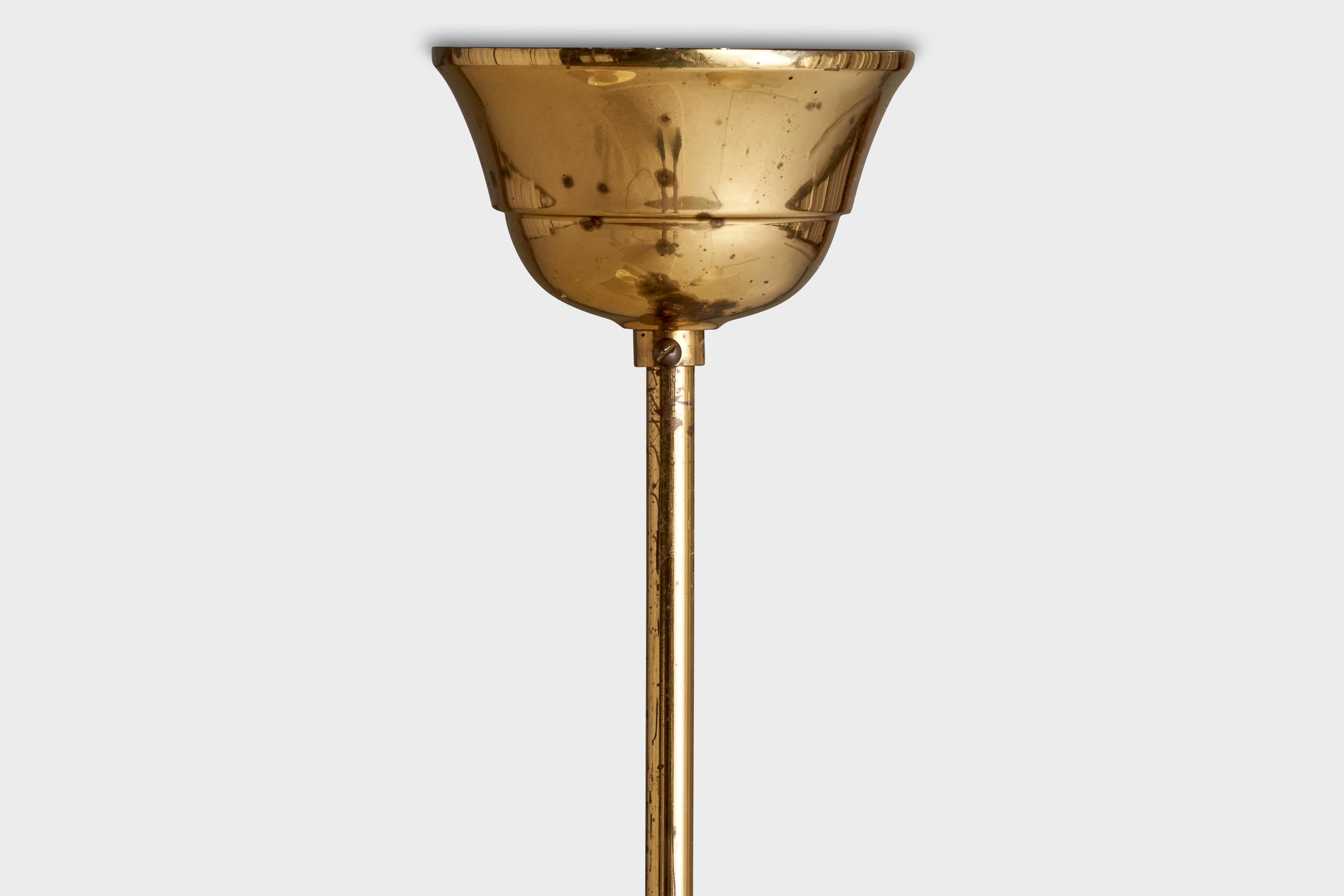 Swedish Designer, Chandelier, Brass, Wood, Glass, Sweden, 1940s For Sale 4