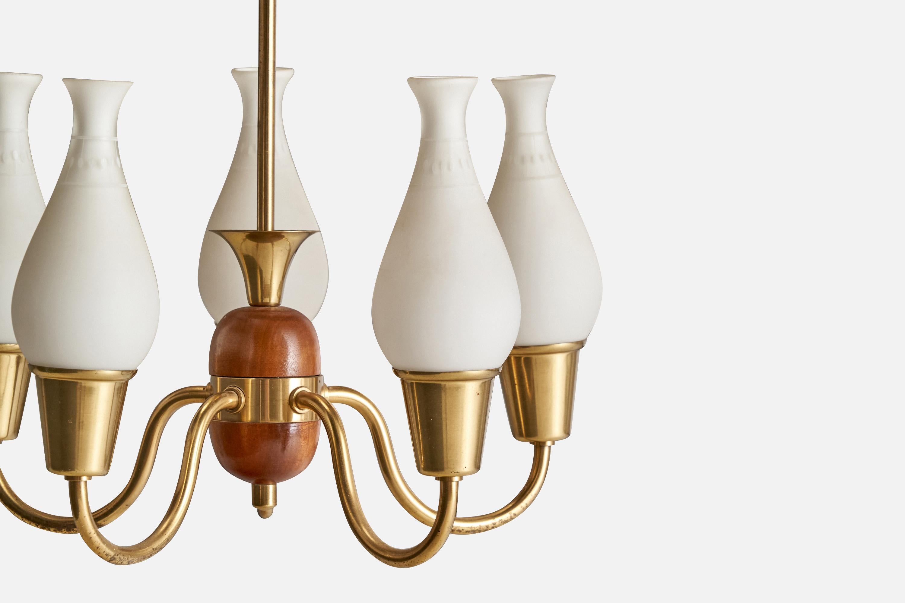 Schwedischer Designer, Kronleuchter, Messing, Holz, Glas, Schweden, 1940er Jahre im Angebot 4