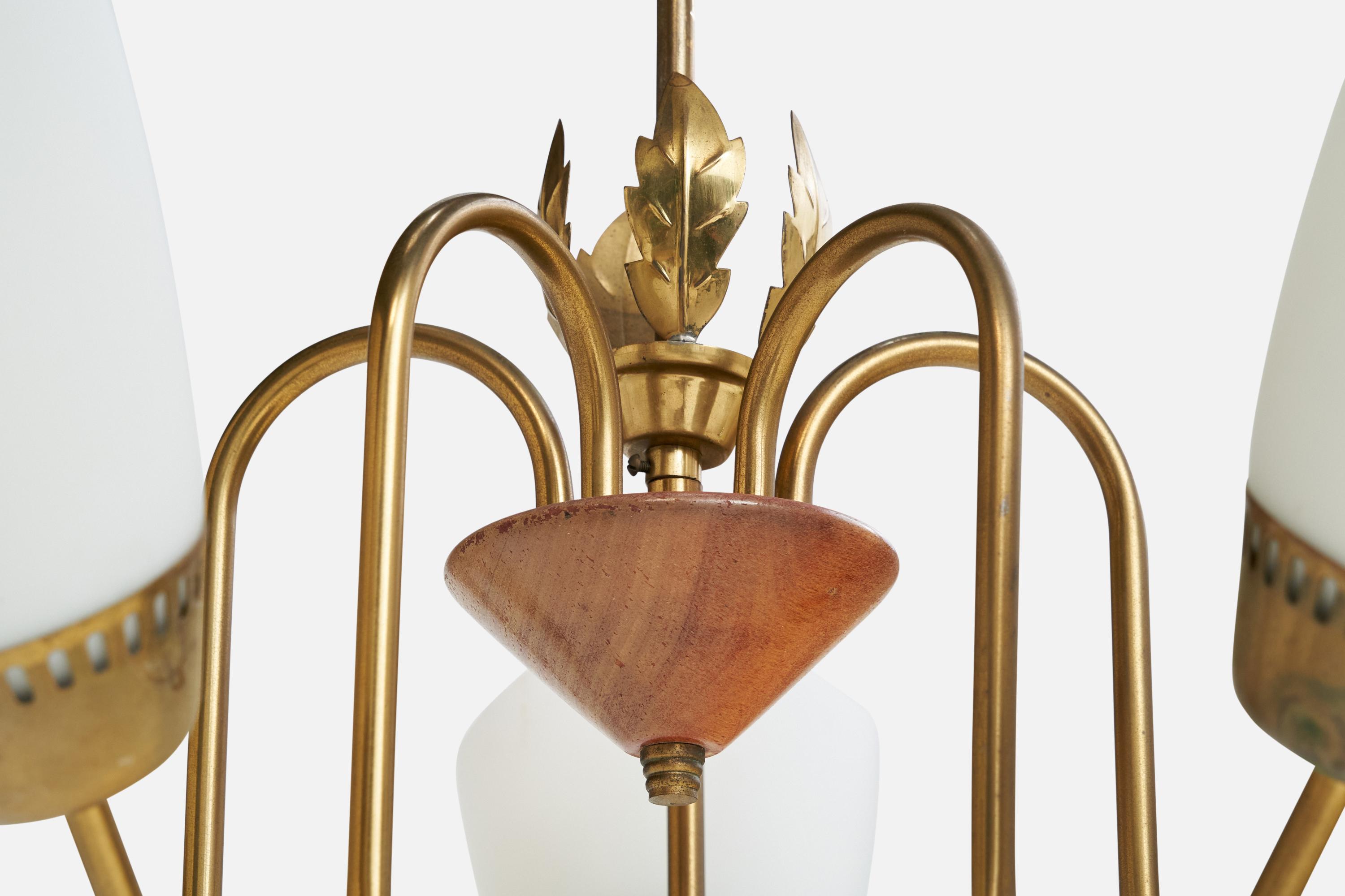 Swedish Designer, Chandelier, Brass, Wood, Glass, Sweden, 1940s For Sale 4