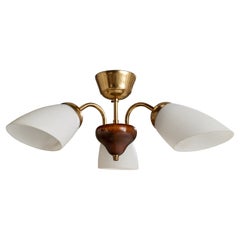 Swedish Designer, Chandelier, Brass, Wood, Glass, Sweden, 1940s