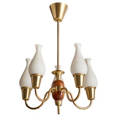 Swedish Designer, Chandelier, Brass, Wood, Glass, Sweden, 1940s