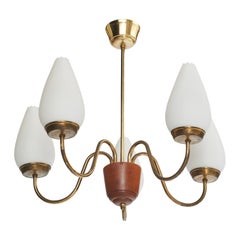 Swedish Designer, Chandelier, Brass, Wood, Glass, Sweden, 1940s
