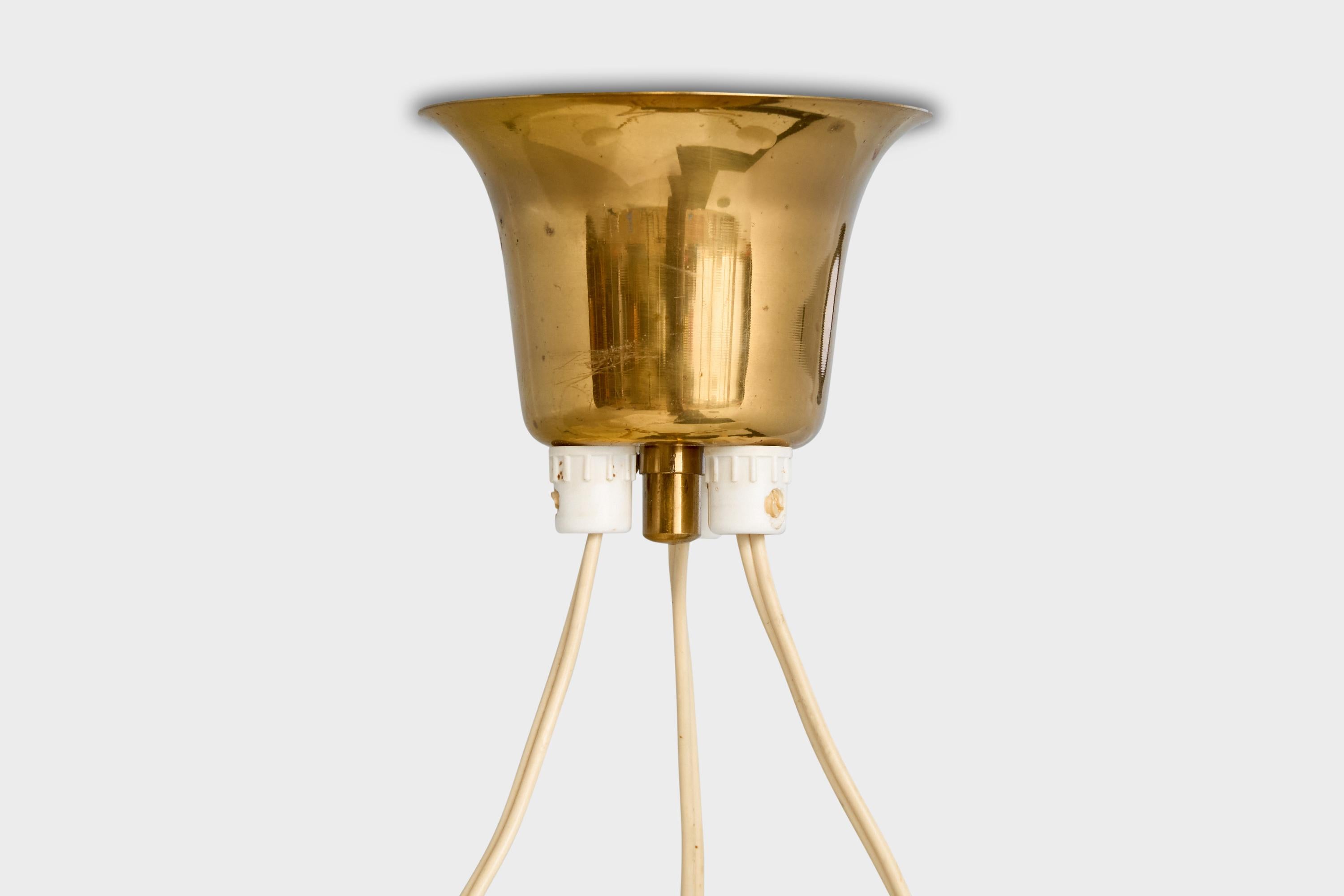 Swedish Designer, Chandelier, Brass, Wood, Glass, Sweden, 1950s For Sale 6