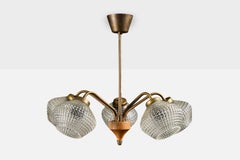 Swedish Designer, Chandelier, Brass, Wood, Glass, Sweden, 1950s