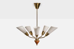 Swedish Designer, Chandelier, Brass, Wood, Glass, Sweden, 1950s